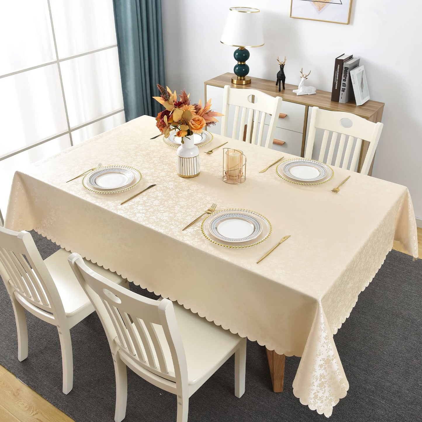 Romanstile Rectangle Vinyl Tablecloth,100% Waterproof Heavy Duty Oil Spill Proof Stain Resistant Plastic PU Table Cover with Flannel Backing for Kitchen, Dining (Rose Beige, 60 x 84)