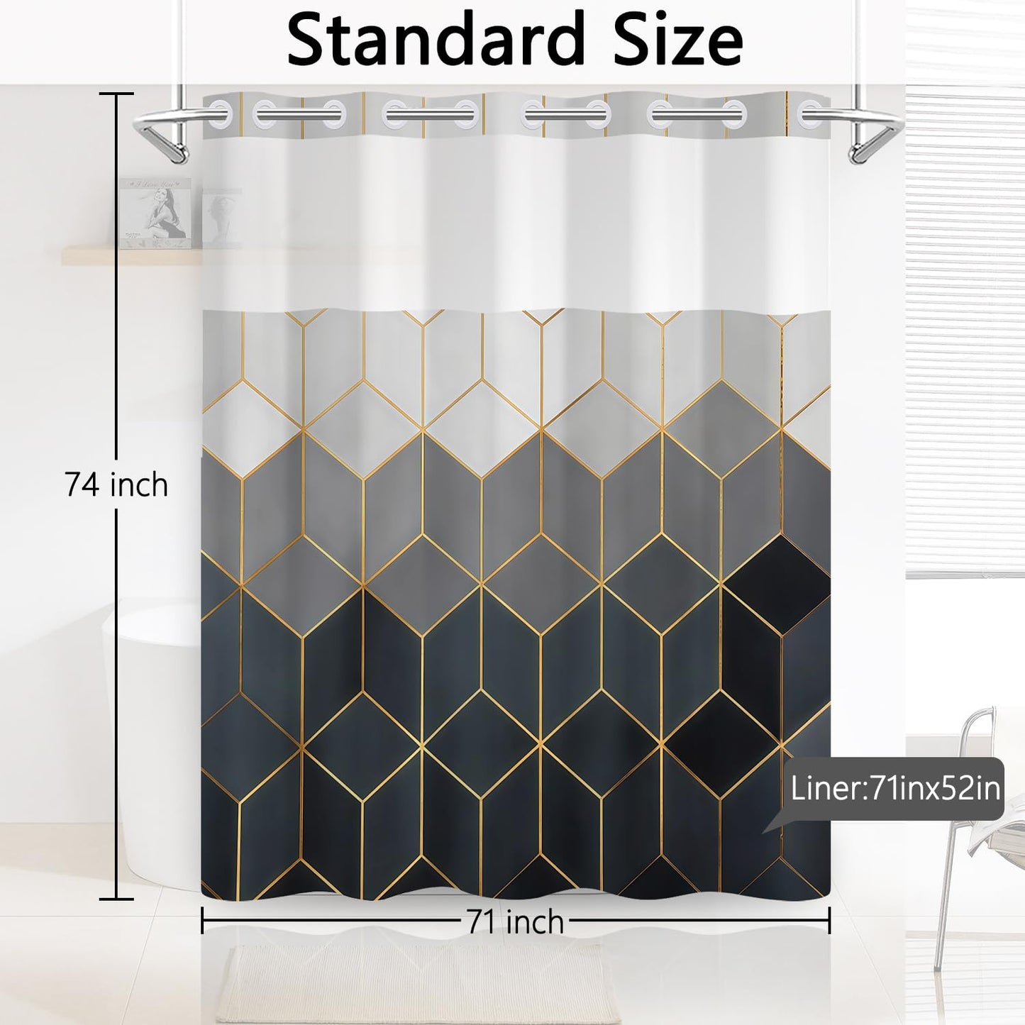 NAEMBCU No Hook Shower Curtain with Snap in Liner, 71 x 74 Inch