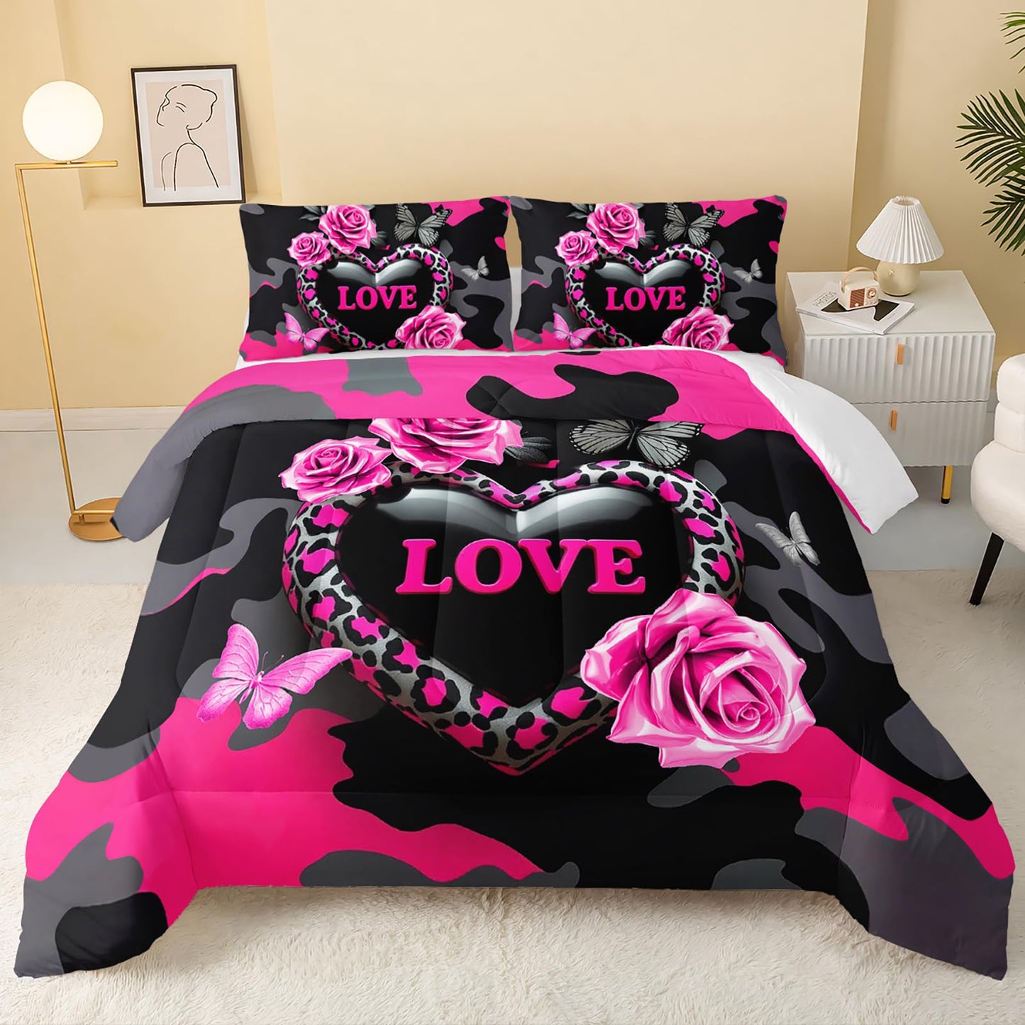 QOOMO 3Pcs Flowers Comforter Set Queen Size,Leopard Print Bedding Set for Teens Boys Girls,Pink Comforter with 2 Pillowcases,Soft and Lightweight
