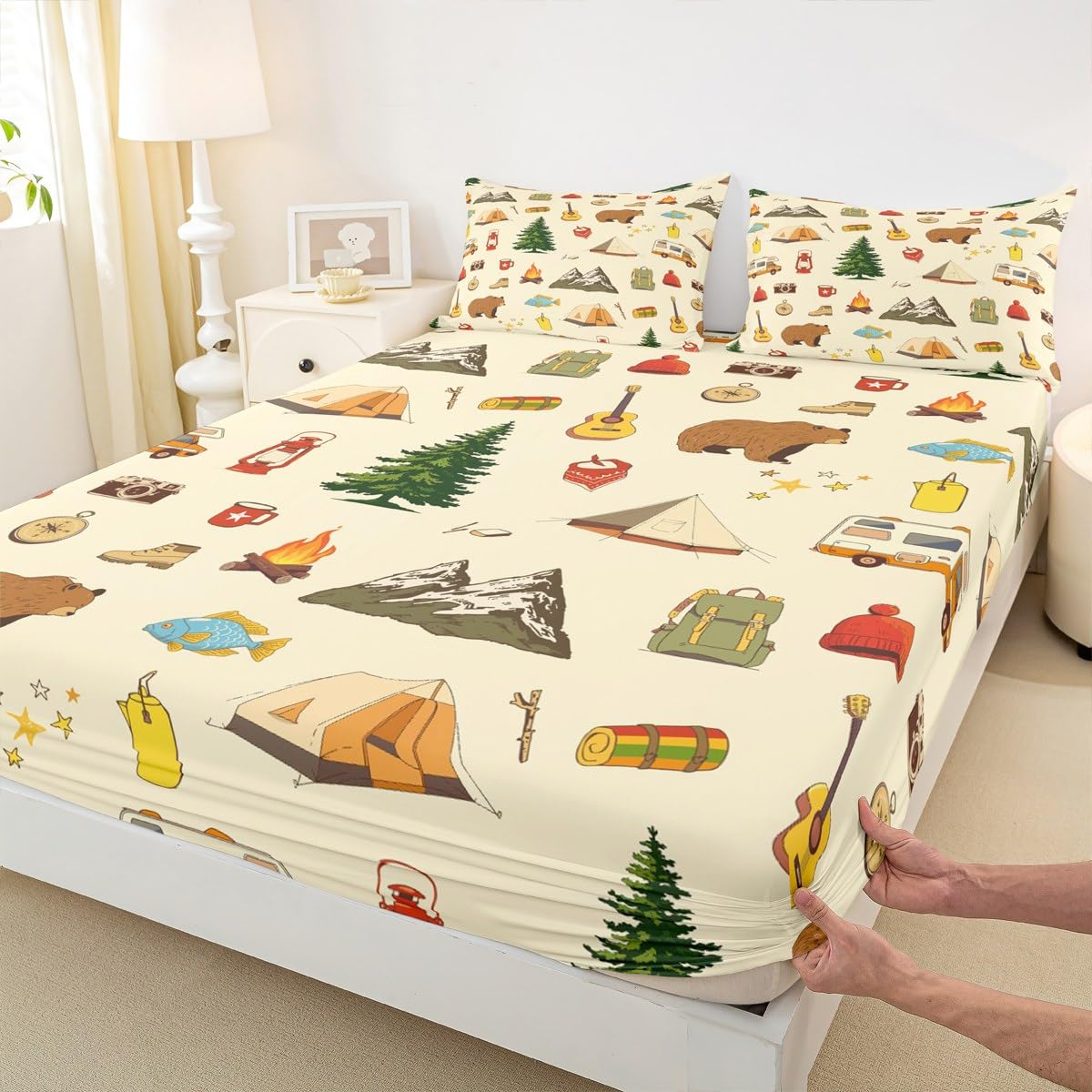 Camping Adventure Fitted Sheet Twin for Boys Teens Girls Kids Room Decor Cartoon Bear Tent Mountain Tree Bed Sheet Outdoor Life Bedding Set 2pcs Traveling Lover Deep Pocket Sheet,1 Pillowcase
