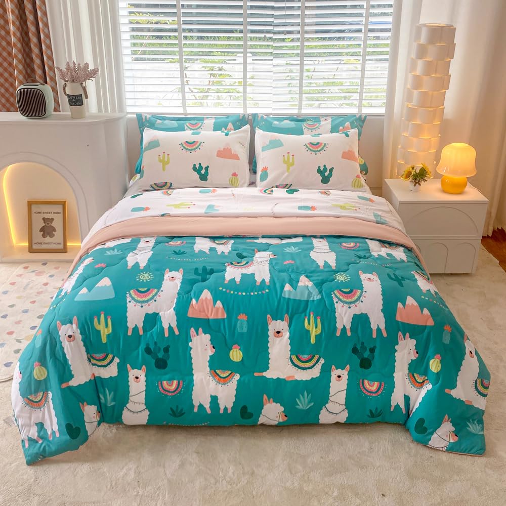 Wajade Kids Cute Llama Comforter Set Bed in A Bag Full Size 7 Piece Green Alpaca Tropical Plant Bedding Set for Girls Boys (1 Comforter, 1 Flat Sheet, 1 Fitted Sheet, 2 Pillowcase and 2 Pillow Sham)