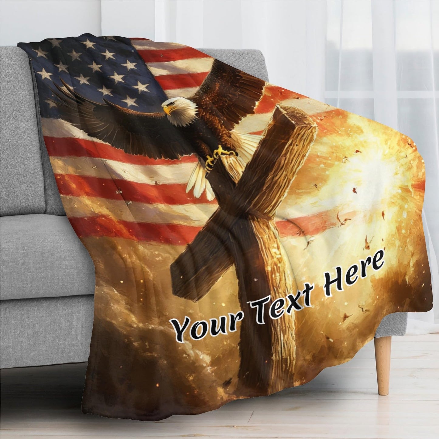 Cross Eagle and America Flag Blanket Personalized - Ultra Soft Throw with Name for Independence Celebration Gift, 30" x 40"