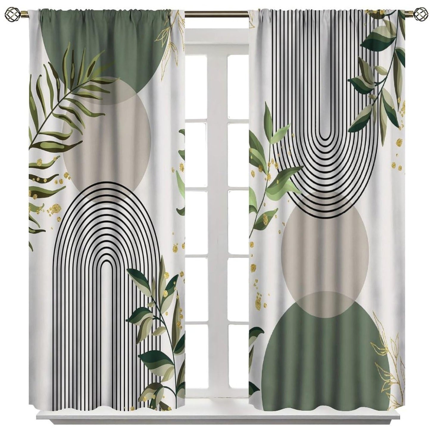 Boho Leaf Curtains, Mid Century Abstract Green Leaves Tropical Plants Modern Minimalist Window Treatments for Bedroom Living Room Kitchen Cafe Bohemian Drapes, 42x45 Inch Decor