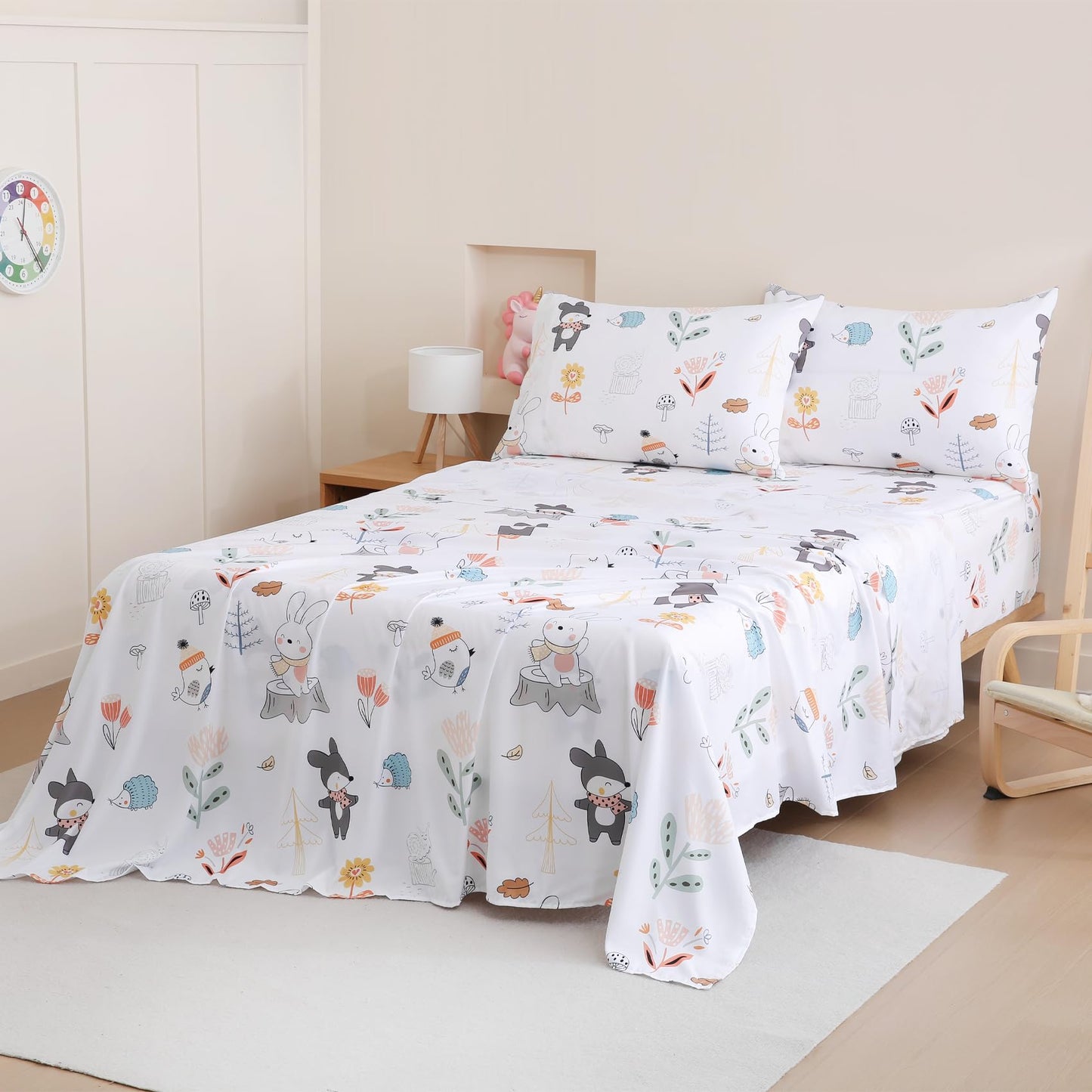 Yibeizi Woodland Animals Sheet Set Twin, Kids Forest Floral Camper Themed Print Bedsheets Microfiber Deep Pocket Cute Patterned Bed Sheet & Pillowcase Sets 3 Pieces