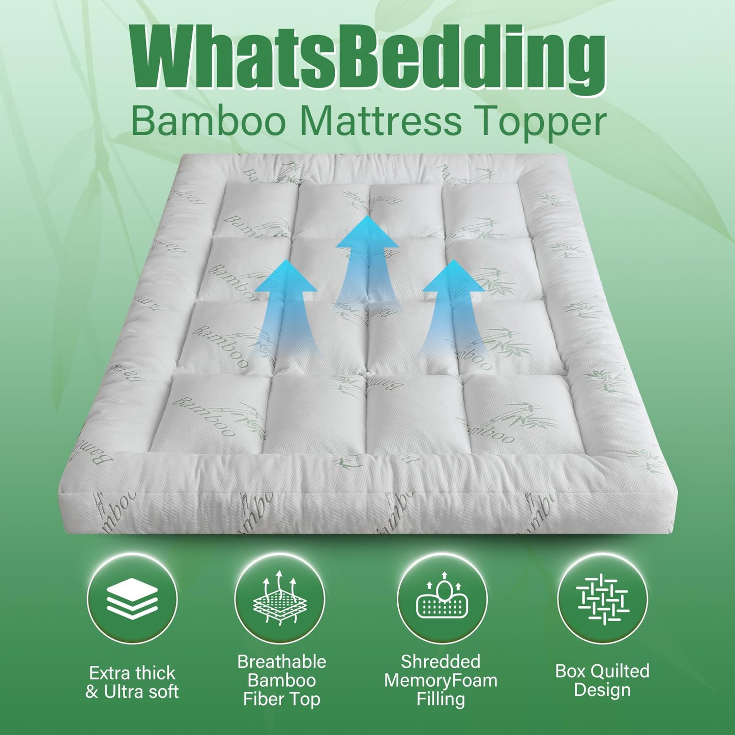 WhatsBedding 5 Inch Memory Foam Mattress Topper Queen Size for Back Pain, Cooling Breathable Bamboo Viscose Air Layer, Soft and Thick Supportive Mattress Topper, 4 Stable Anchor Elastic Straps