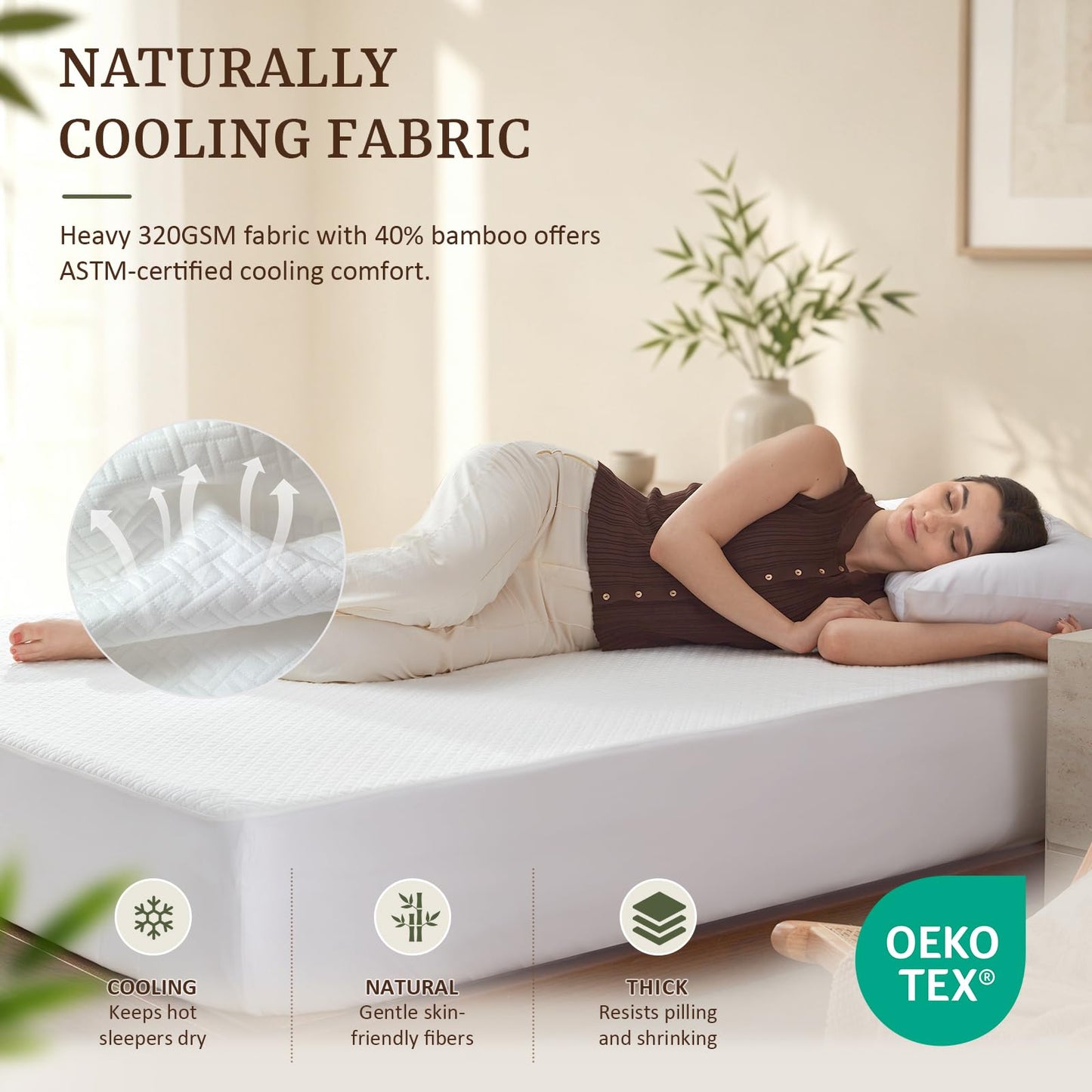 Hisheet Waterproof Bamboo Mattress Protector Queen Size, 320G Ultra-Thick Noiseless Cooling Mattress Cover Fits 6-22" Deep Pocket - ASTM Certified Breathable for Hot Sleepers, Heavy Duty Elastic Skirt
