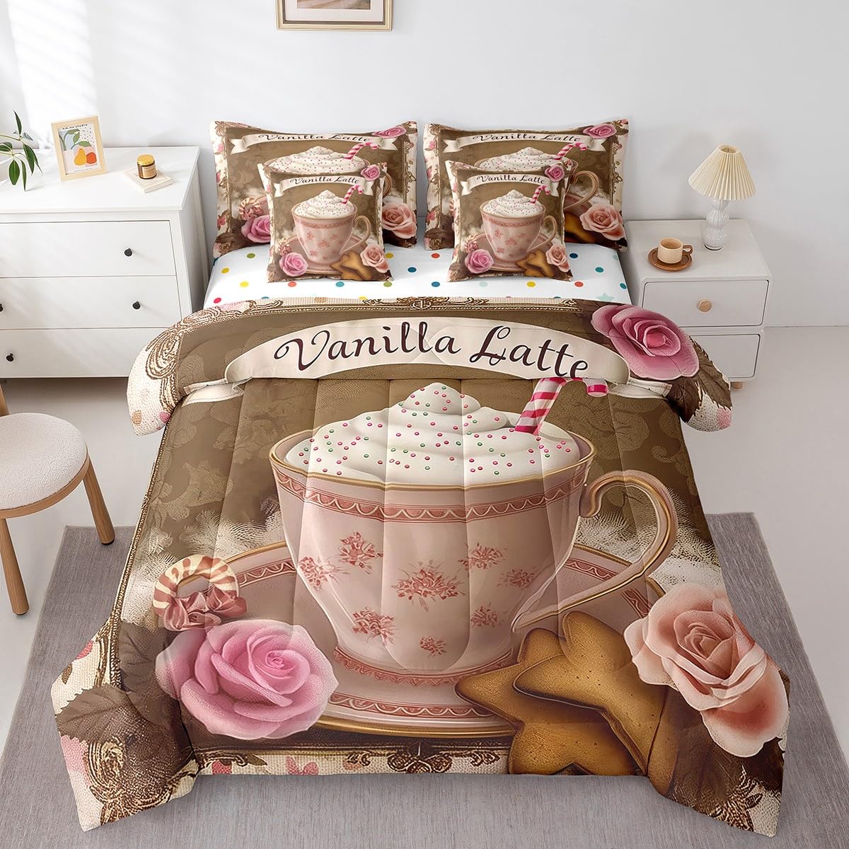 Erosebridal Vanilla Lattle Comforter Set Full Size,Romantic Rose Bedding Set for Kids Teens,Fragrant Coffee (Comforter+Fitted+Flat Sheet+2 Pillowcases+2 Throw Pillow Covers) 7 Pieces Bed Set
