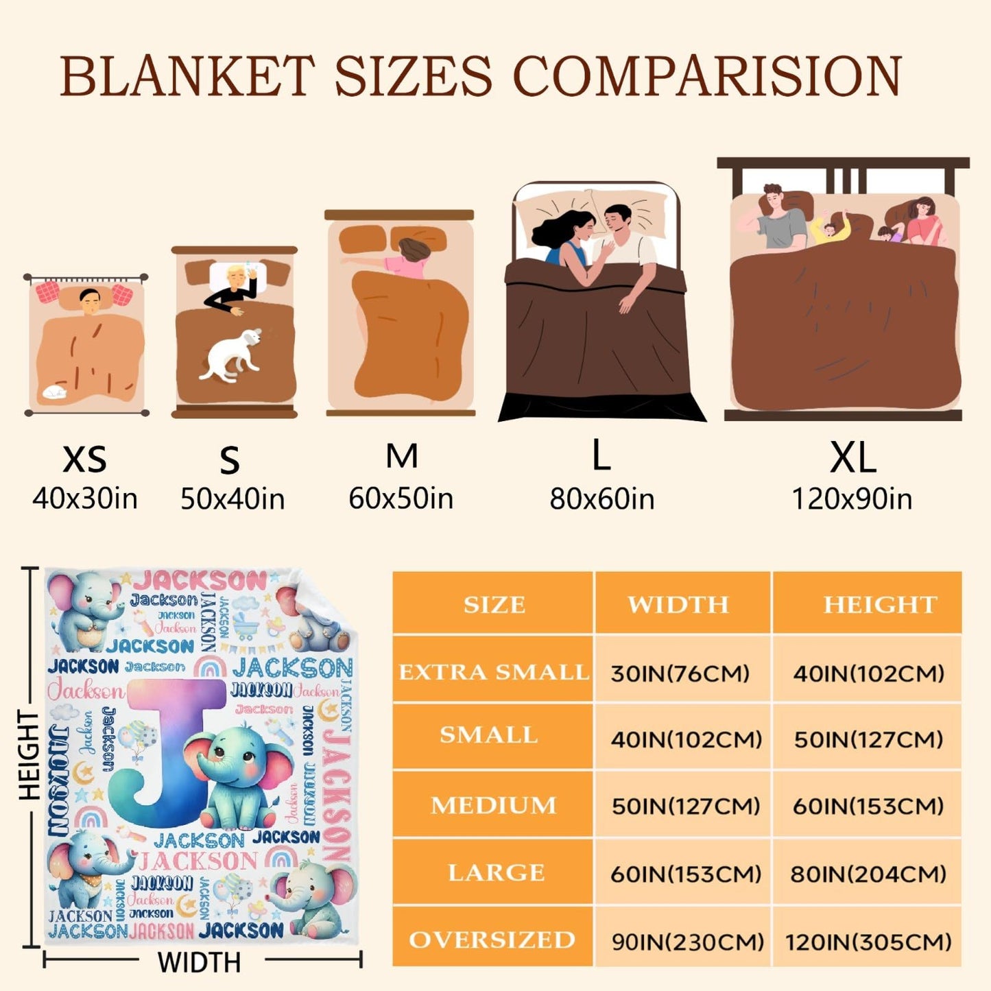 Personalized Elephant Blanket,Custom Elephant Gifts,Soft Flannel Throw for Bed Sofa,Lightweight,40 x 30in