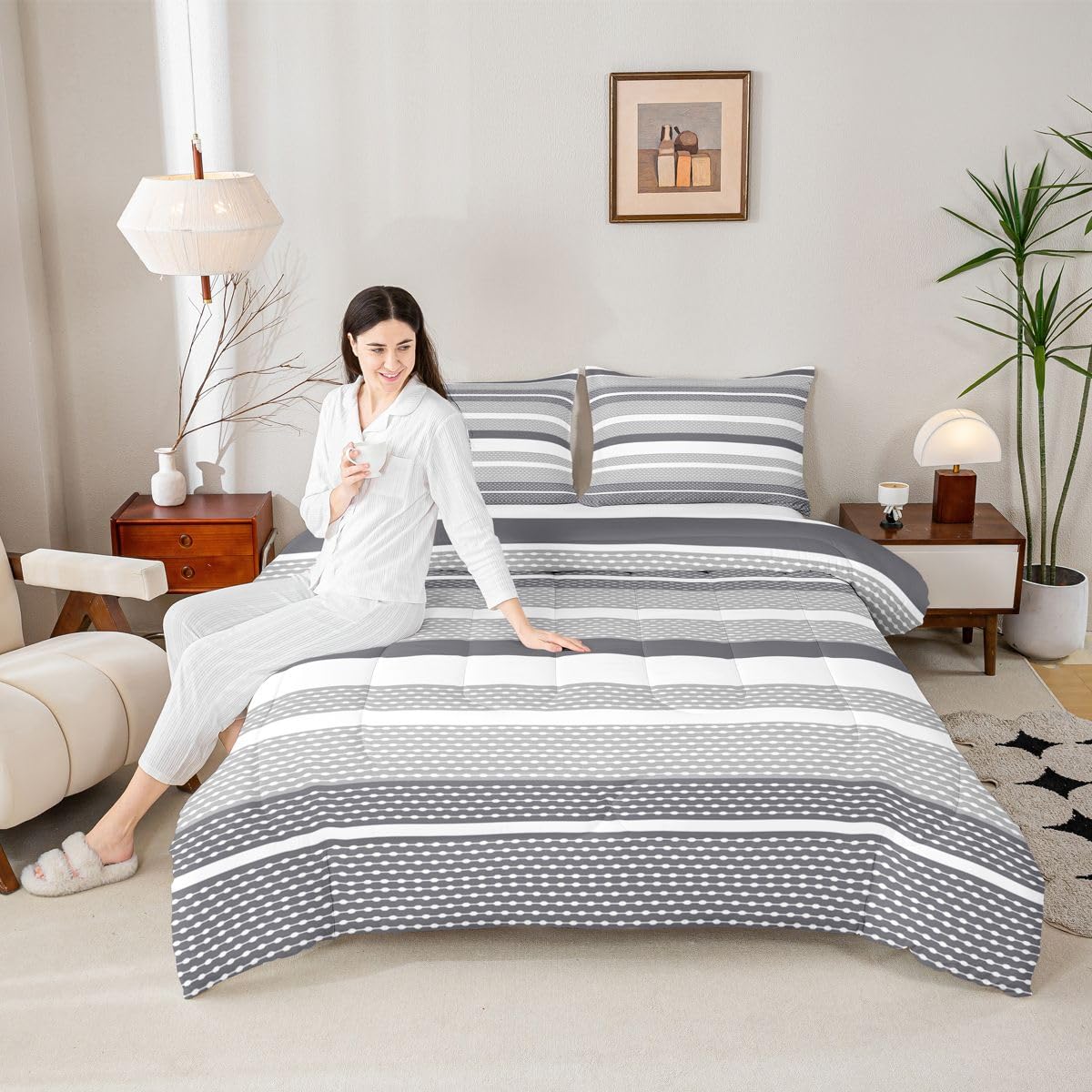 jejeloiu Black White Grey Stripes Bedding Set King Size Geometric Comforter Set for Kids Patchwork Striped Comforter Women Men Teens Ultra Soft Line Modern