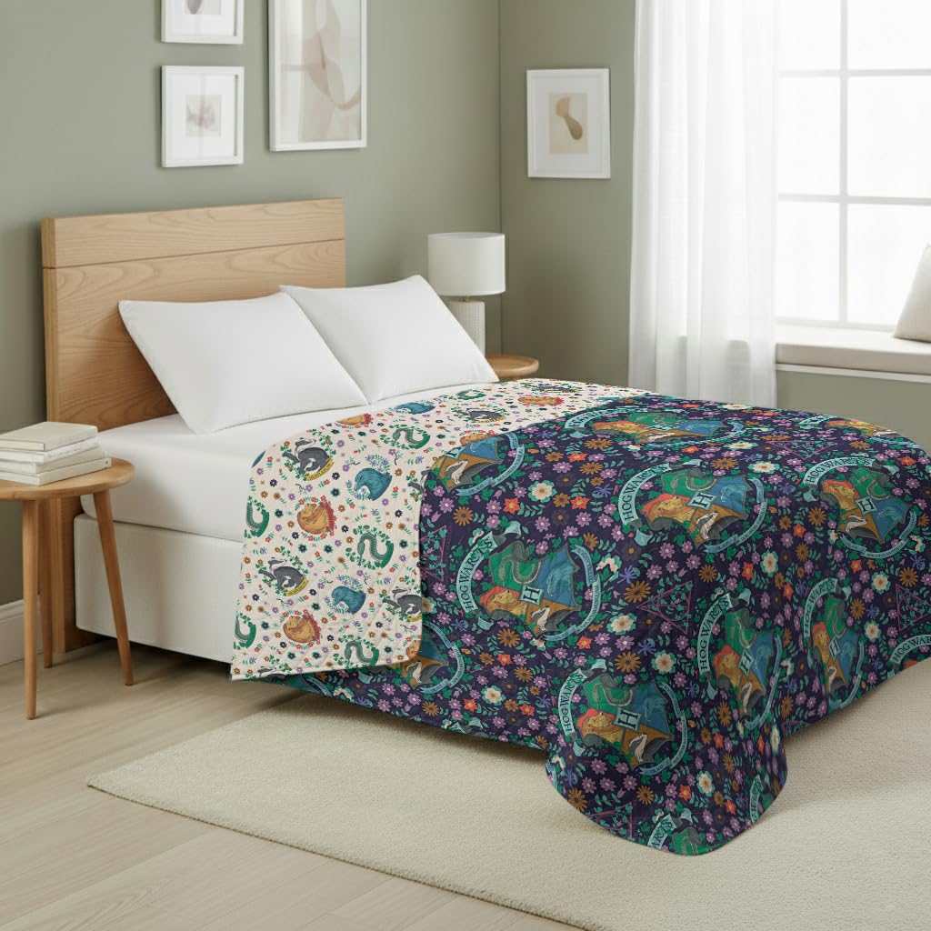 Harry Potter Botanical Crests Twin Quilted Throw Blanket Adults Boys Girls, Soft Lightweight Bedding for Bed, or Couch, 60 x 90 inches