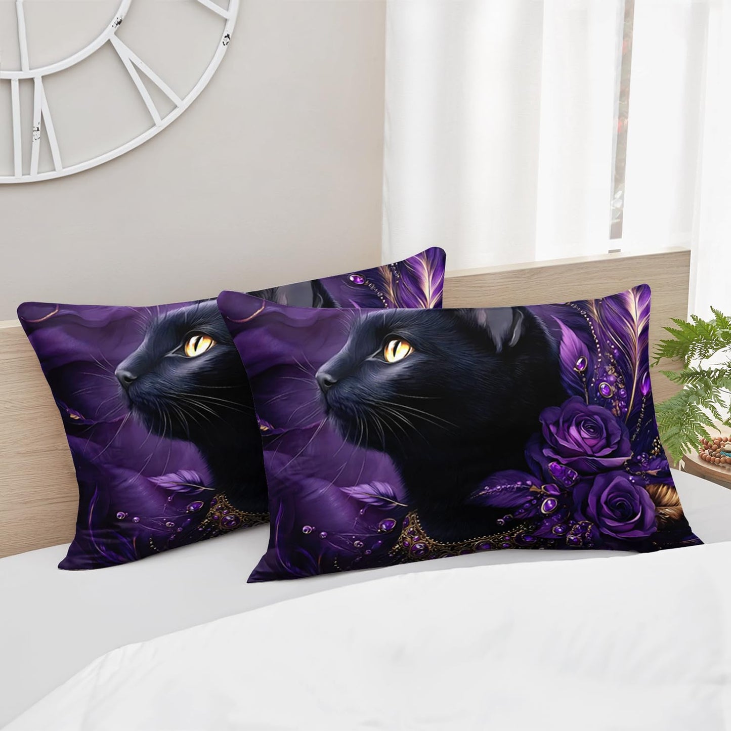 HOSIMA Cat Fitted Seet Twin,Black Cat Wearing Diamond Necklace Print Animal Bedding for Women Girls Room Decor,Flowers and Feather Pattern Aesthetic Bedding,1 Fitted Sheet+2 Pillowcases.