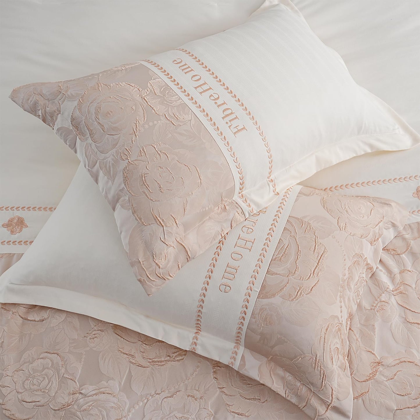 FibreHome Jacquard Bed in a Bag 6-Pieces Jacquard Weave & Embroidery Design Rose Floral Bedding Set Ultra Soft Microfiber Light Weight Comforter All Season Queen Beige Bedding Sets