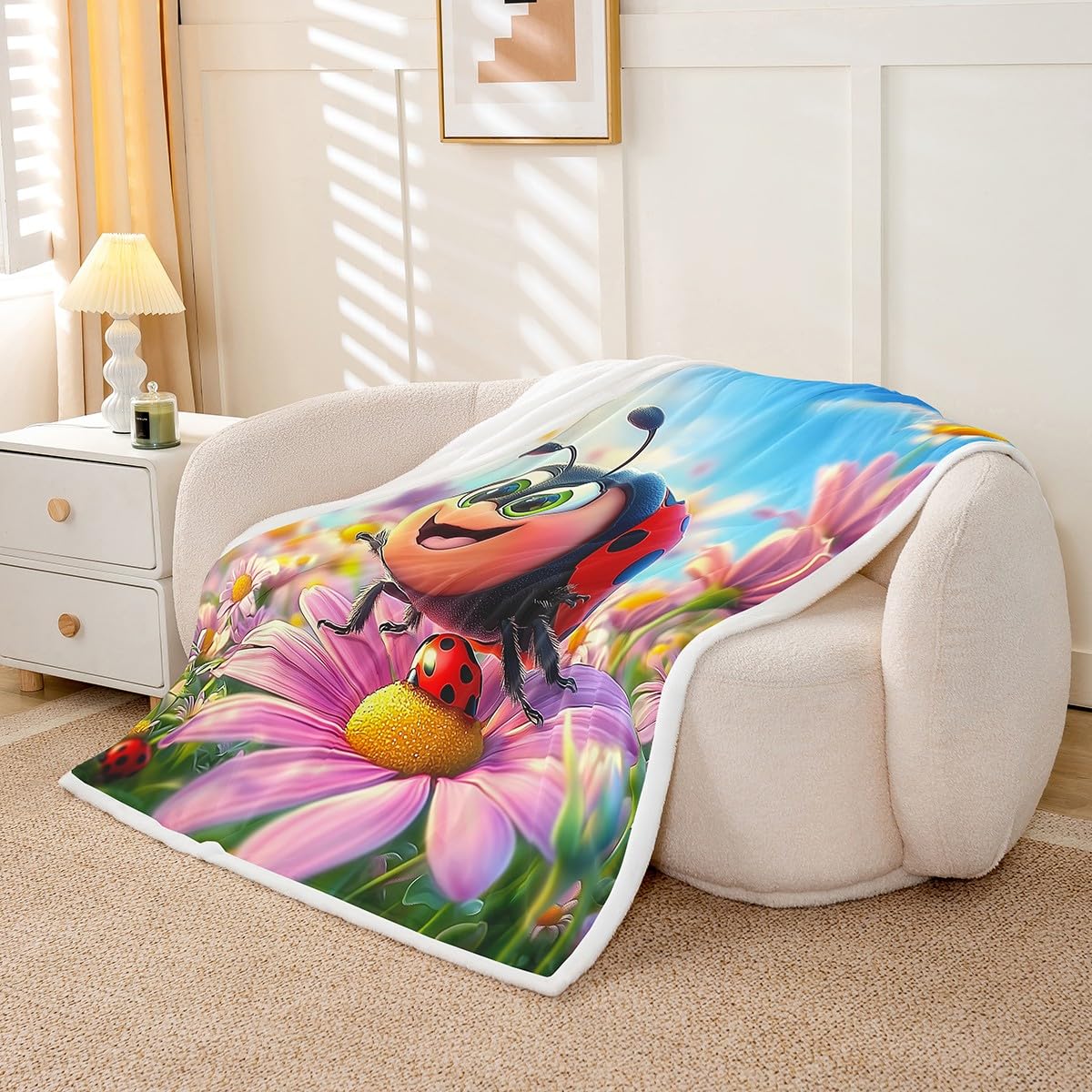 Erosebridal Ladybug Kids Fleece Blankets Cute Kawaii Animal Throw 50"X60" Throw Bed Blanket for Girls Boys,Pink Flowers Ladybird Sherpa Blankets Plants Floral Rustic Ladybug Flannel Blanket