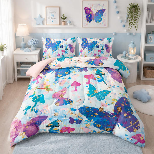 Nttopship Colorful Butterfly Comforter Set Twin Size for Adults 3Pcs,Colorful Butterful Bedding Comforter Soft Warm Comforer for All Season Room Decor with 1 Comforter and 2 Pillow Case