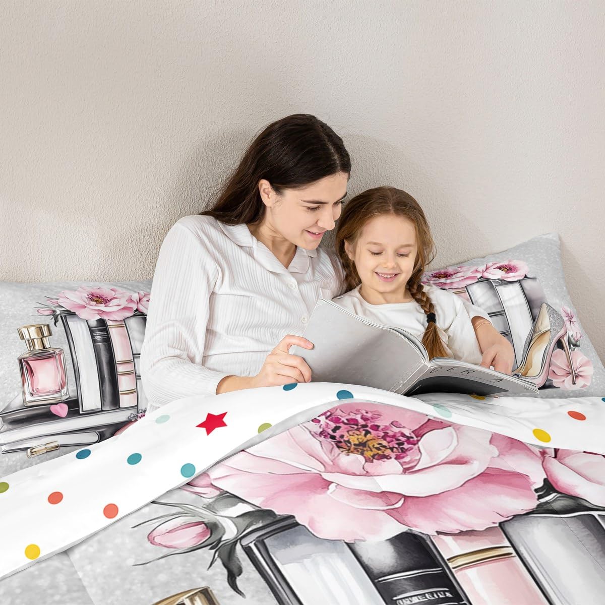 Erosebridal Pink Girly King Bedding Set Silver Fashion Comforter Set Women Girls Gray Pink Flower Perfume Quilt High Heels Magazine Books Floral Duvet Insert