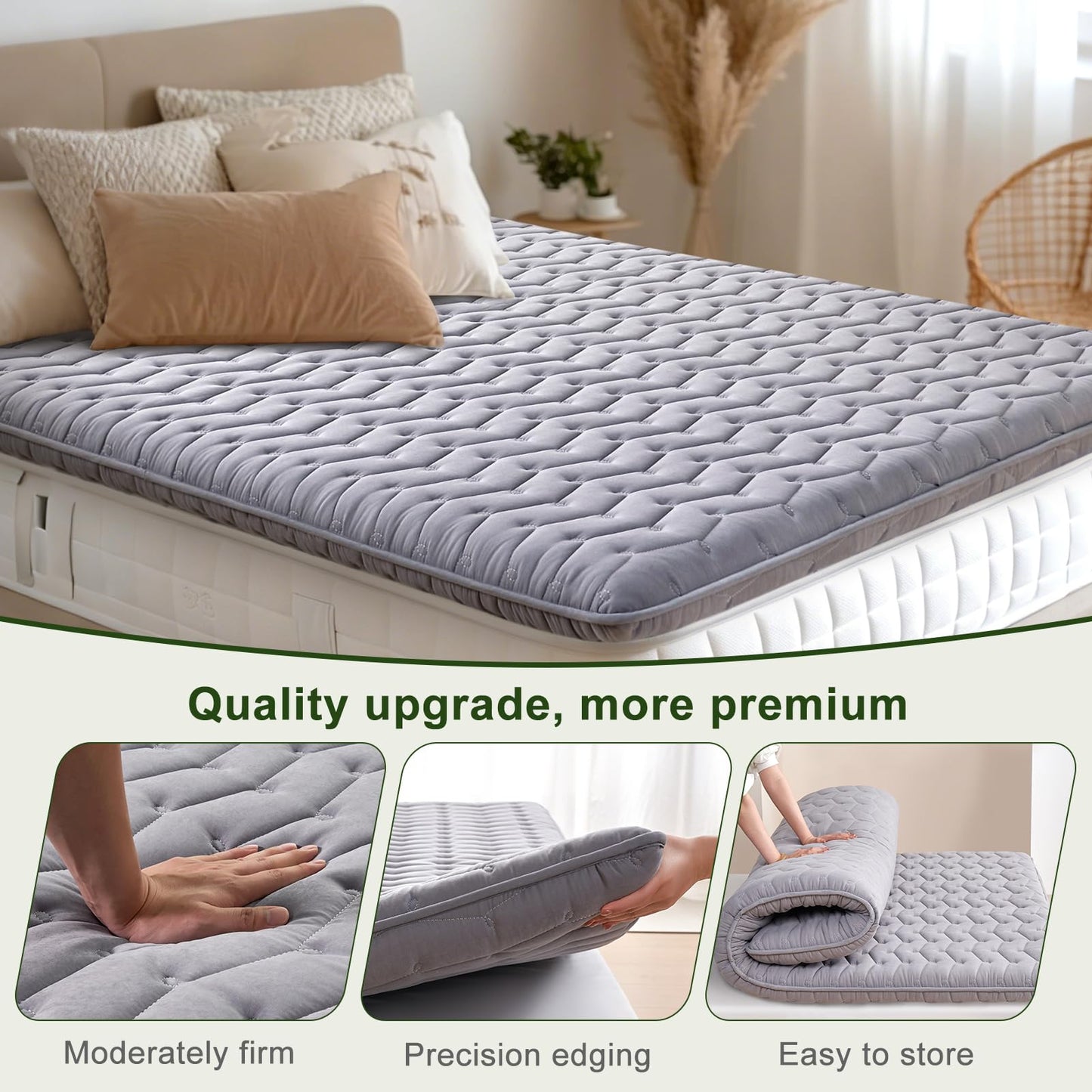Premium Foam Mattress Topper Queen – Medium Firm Supportive Bed Topper for Pressure Relief, Hypoallergenic & Breathable Mattress Pad, Stain-Resistant Gray (Queen Size: 80×60 Inches)