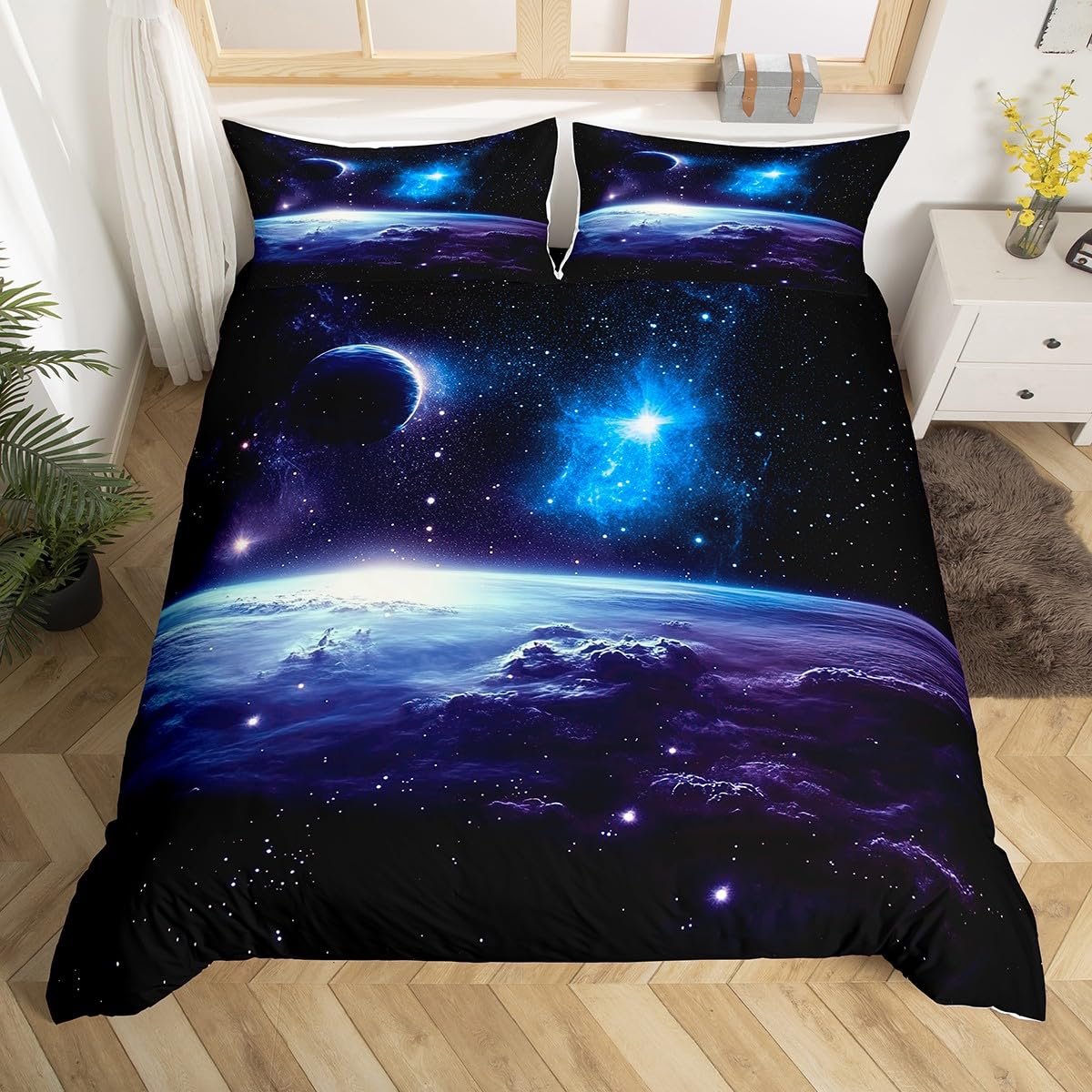 Erosebridal Galaxy Outer Space Full Duvet Cover, Universe Planet Bedding Set for Kids Boys Teen Room Decor, Starry Sky Astronaut Theme Bed Set 3-Piece Quilt Cover (No Comforter)