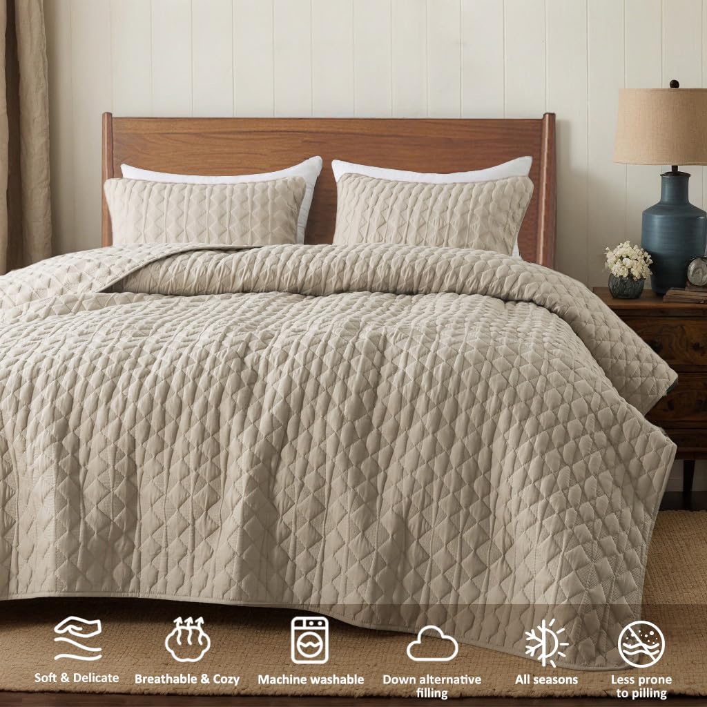 Beige Quilt King Size Bedding Sets with Pillow Shams, Lightweight Soft Bedspread Coverlet, Quilted Blanket Thin Comforter Bed Cover, All Season Summer Spring, Tan Cream, 3 Pieces, 104x90 inches