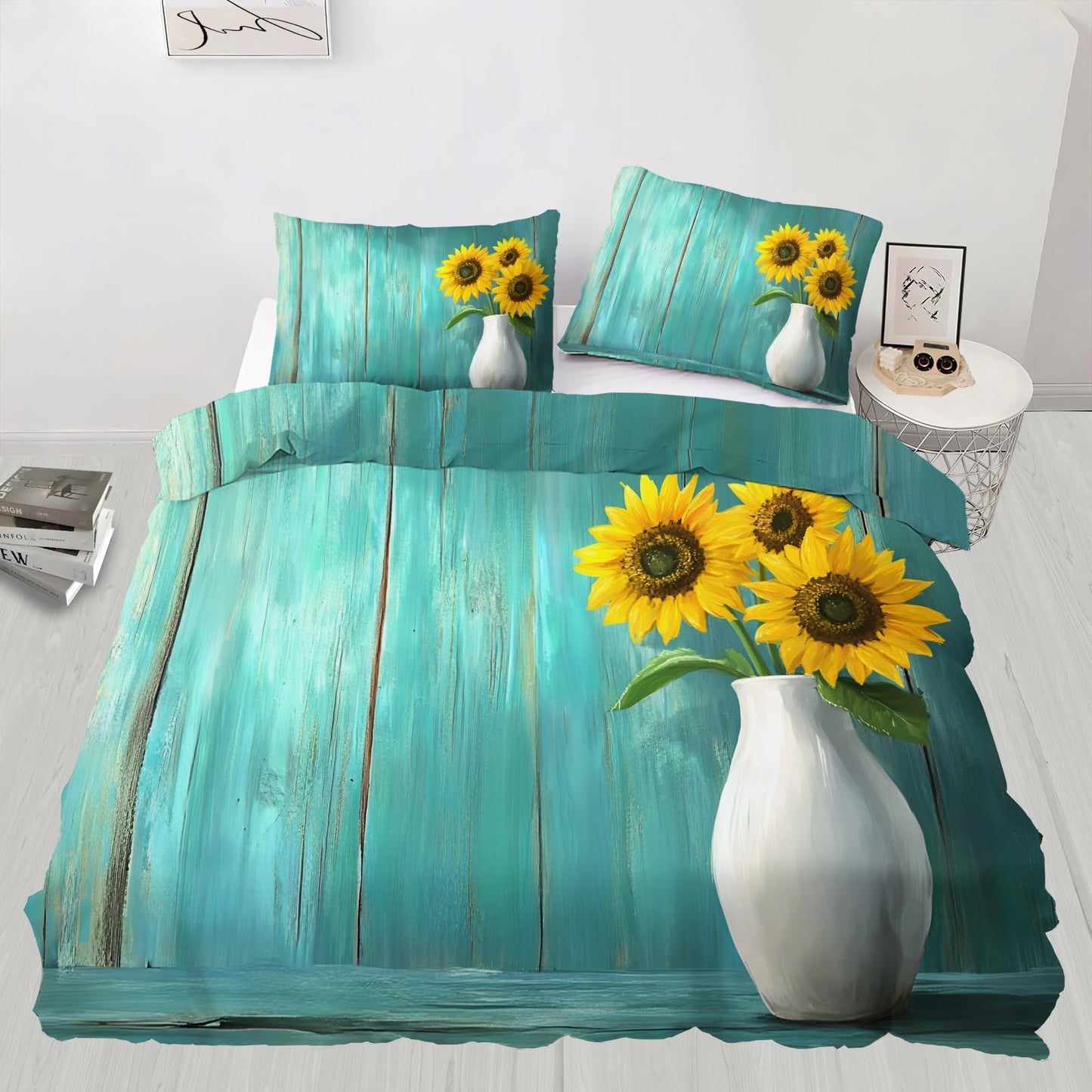 PAISUOQ Rustic Bedding Sets, Sunflowers Duvet Cover Queen, Teal Wood Grain Comforter Cover with Zipper Ties, 3 Pieces with 2 Pillowcases, Home Decor & Gifts