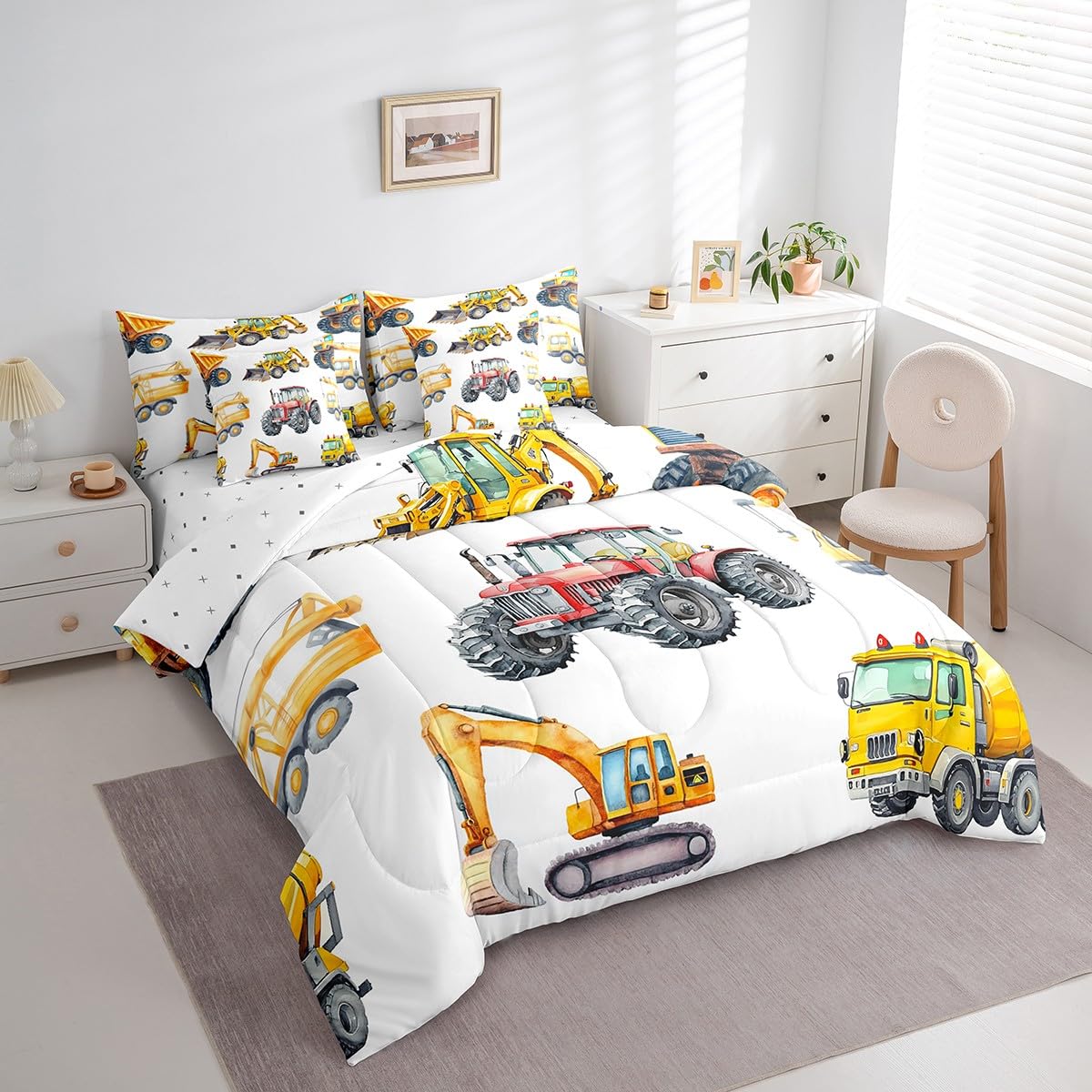 Erosebridal Kids Excavator Bedding Set Twin 7 Piece Retro Truck Comforter Sets Tractor Construction Vehicle Bed in A Bag with Sheets Crane Digger Mixer Bed Set for Kids Boys Teens Child Room