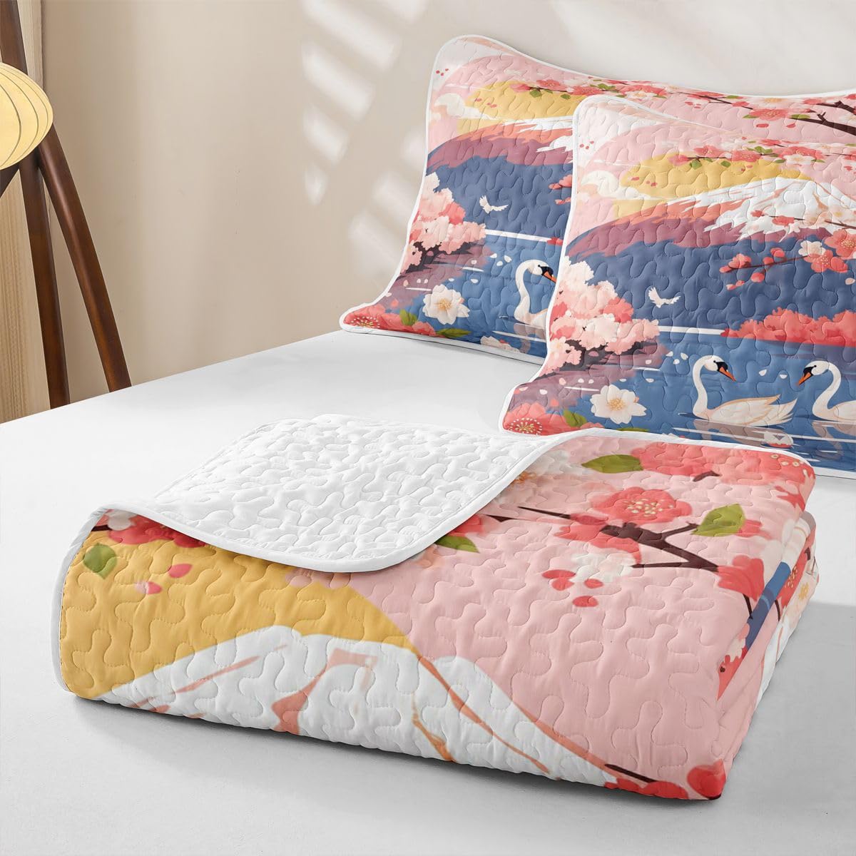 Erosebridal Pink Japanese Quilt Twin Size - Japanese Cherry Blossom Bedspread Mount Fuji White Crane Bed Coverlet with 1 Pillowcase