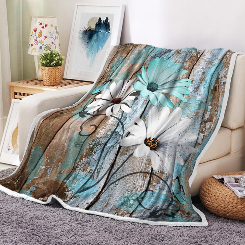 JAWO Farmhouse Flower Floral Throw Blanket, Rustic Teal Turquoise Daisy Fleece Cozy Warm Bed Couch Blanket, Country Blue Fleece Flannel Throws to Decorate the Room and Bedroom Warm Blanket 50X60IN