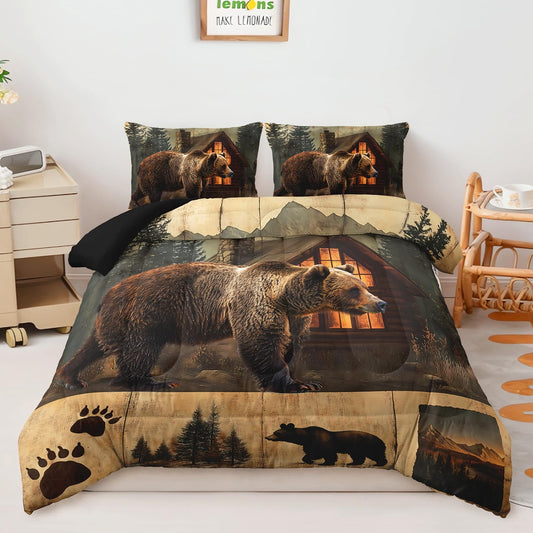 AILONEN Boys Rustic Bear Bedding Set Queen Size,Wildlife Hunting Comforter with 2 Pillowcases,3-Piece Bear Paw Printed Soft Duvet Set