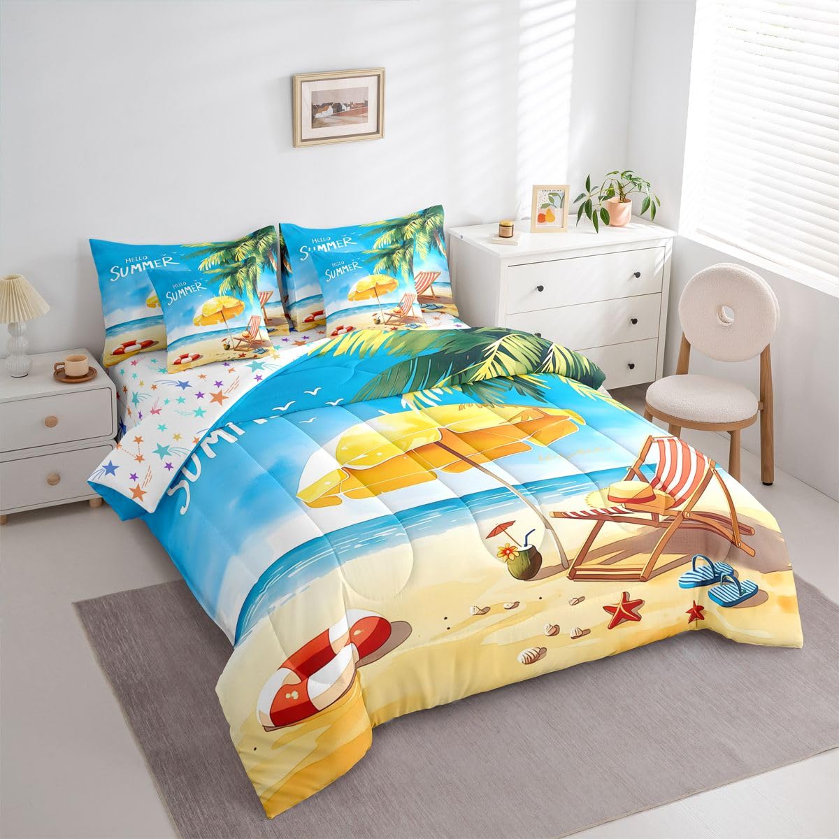 Erosebridal Beach Chair Summer Queen Bedding Set Tropical Palm Tree Comforter Set Kids Adults Cartoon Seashell Starfish 7-Piece Bed in a Bag Hello Summer Seaside Vacation Quilt Sets