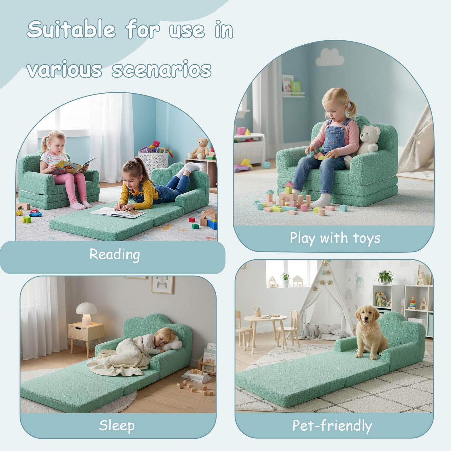Tiita Kids Sofa, Foldable Nursery Toddler Couch, Childrens Couch with Carry Handle, Portable Toddler Foam Sofa Couch, Lightweight Kids Chair for Playroom, Dorm Room, Small Space, Green