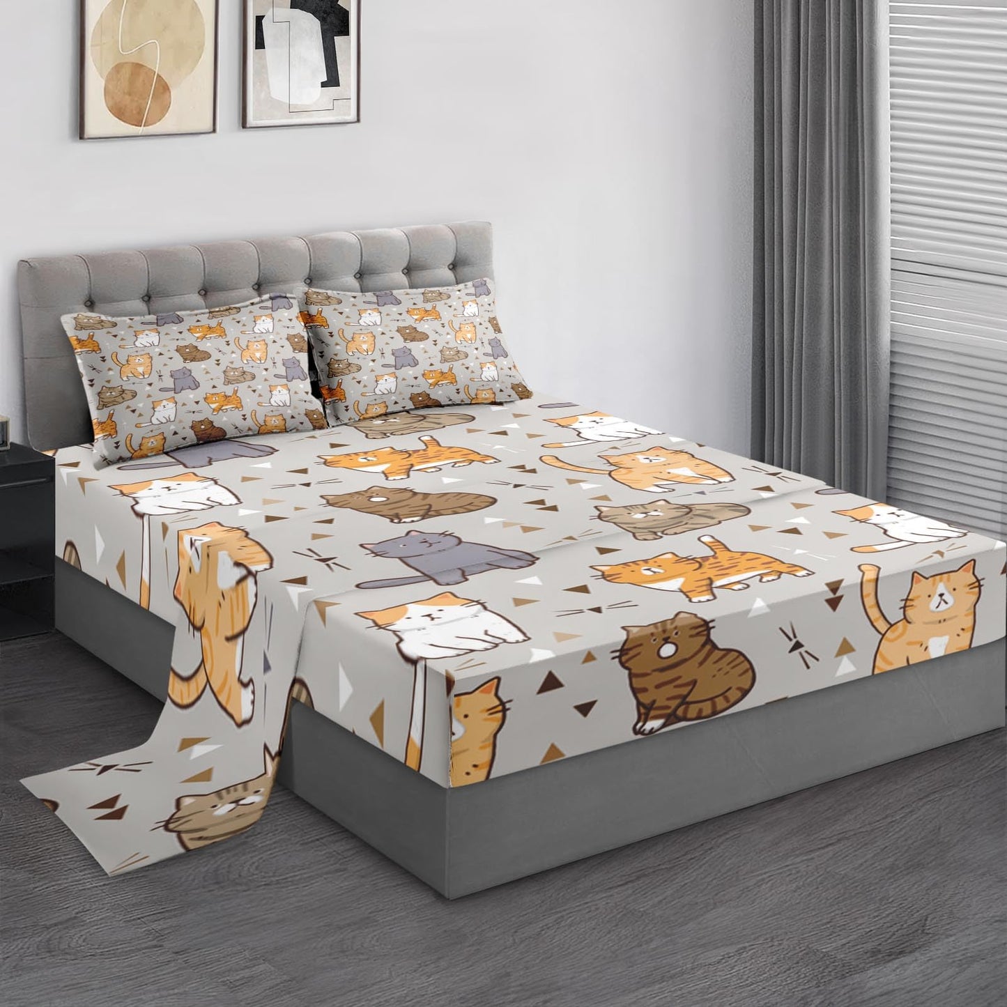 Pamnest Queen Size Bed Sheet Sets, Cute Cat Grey Soft Microfiber 4 Pcs Bedding Sets for Kids and Adults Bedroom Bed Decor, Cartoon Baby Animal Flat, Fitted Sheet and 2 Pillowcases