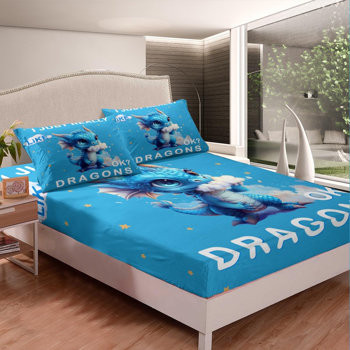 Cartoon Dragon Kids Fitted Sheet Full Size,Starry Sky Clouds Bedding Set,Boys Girls Room Decor,Cute Western Dragon Wild Animal Bed Cover,Blue White Bed Sheet,2 Pillowcases