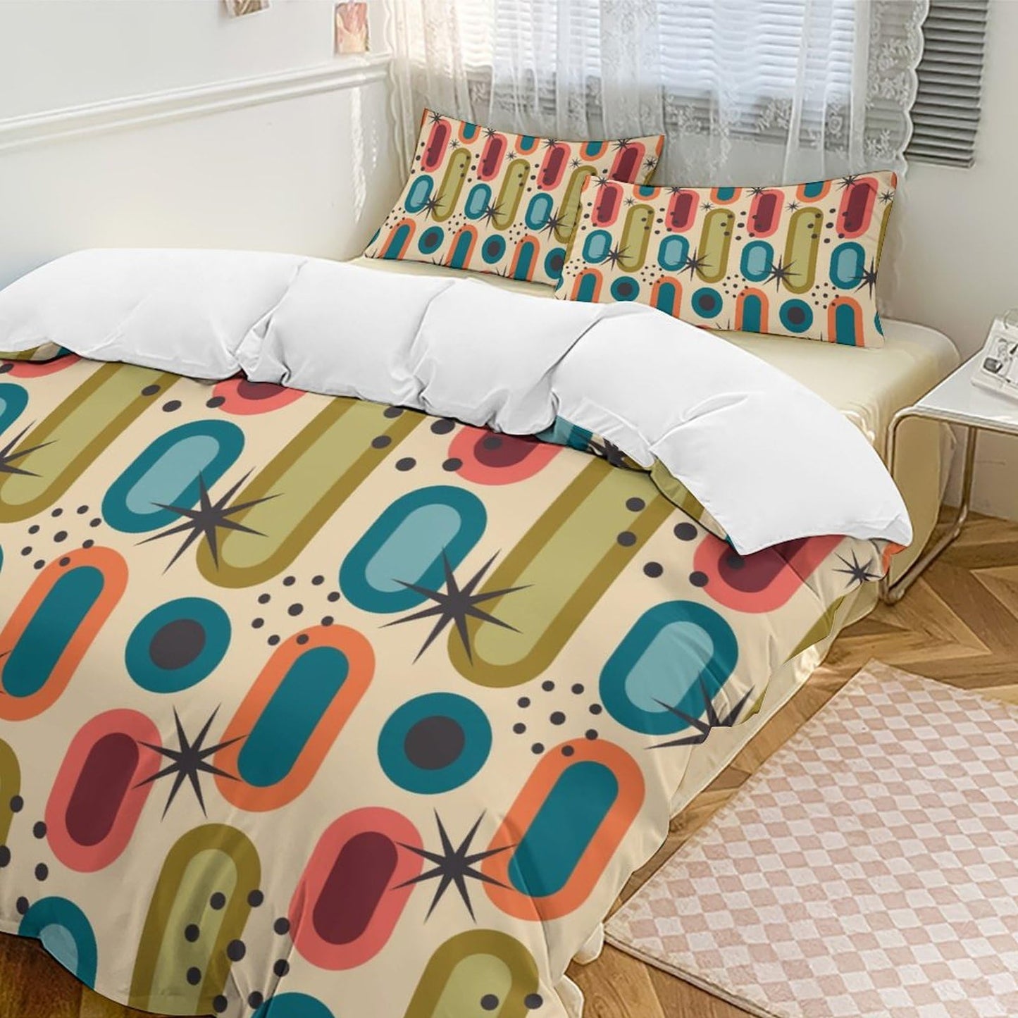 Colorful Aesthetic Comforter Cover Geometry Bed Set, Retro Atomic Duvet Cover，Modern Mid Century Bedding Sets，Aesthetic Abstract Art Bedding 3 Piece (1 Duvet Cover 86"x70" + 2 Pillow Sham 20"x30")