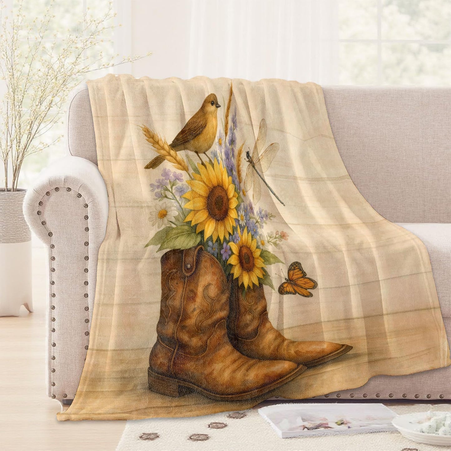 WKEDIN Rustic Sunflower Cowboy Boot Blanket,50x60in,Flannel Throw with Country Western Style Bird Dragonfly Butterfly Design,Soft Lightweight Gifts Blankets for Women,Sofa Bed Travel Farmhouse Decor
