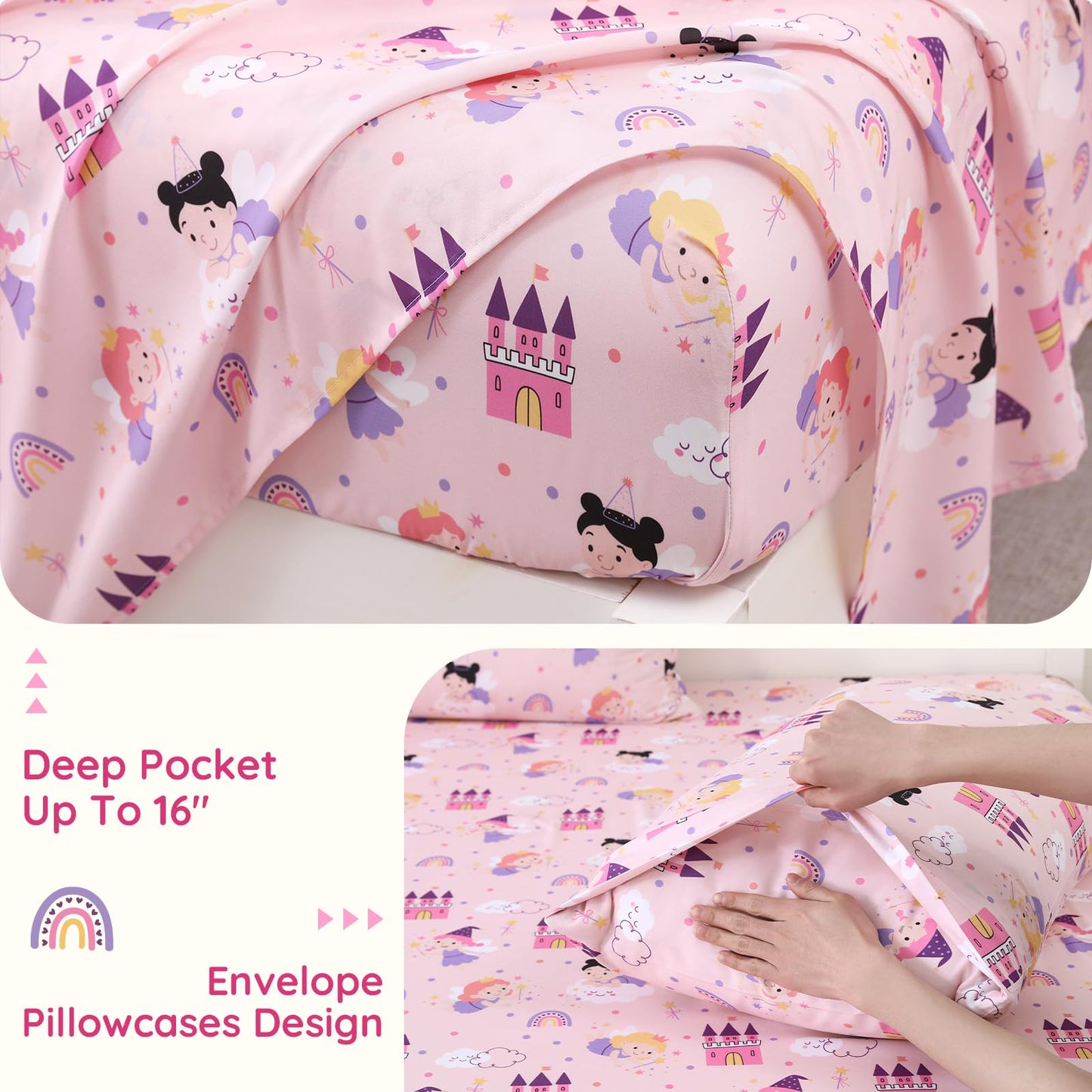 MCO Twin Sheets Set Kids, Soft Microfiber Bed Sheet Set for Boy Girls, 3 Pieces Breathable Twin Sheets Pink Fairy Castle