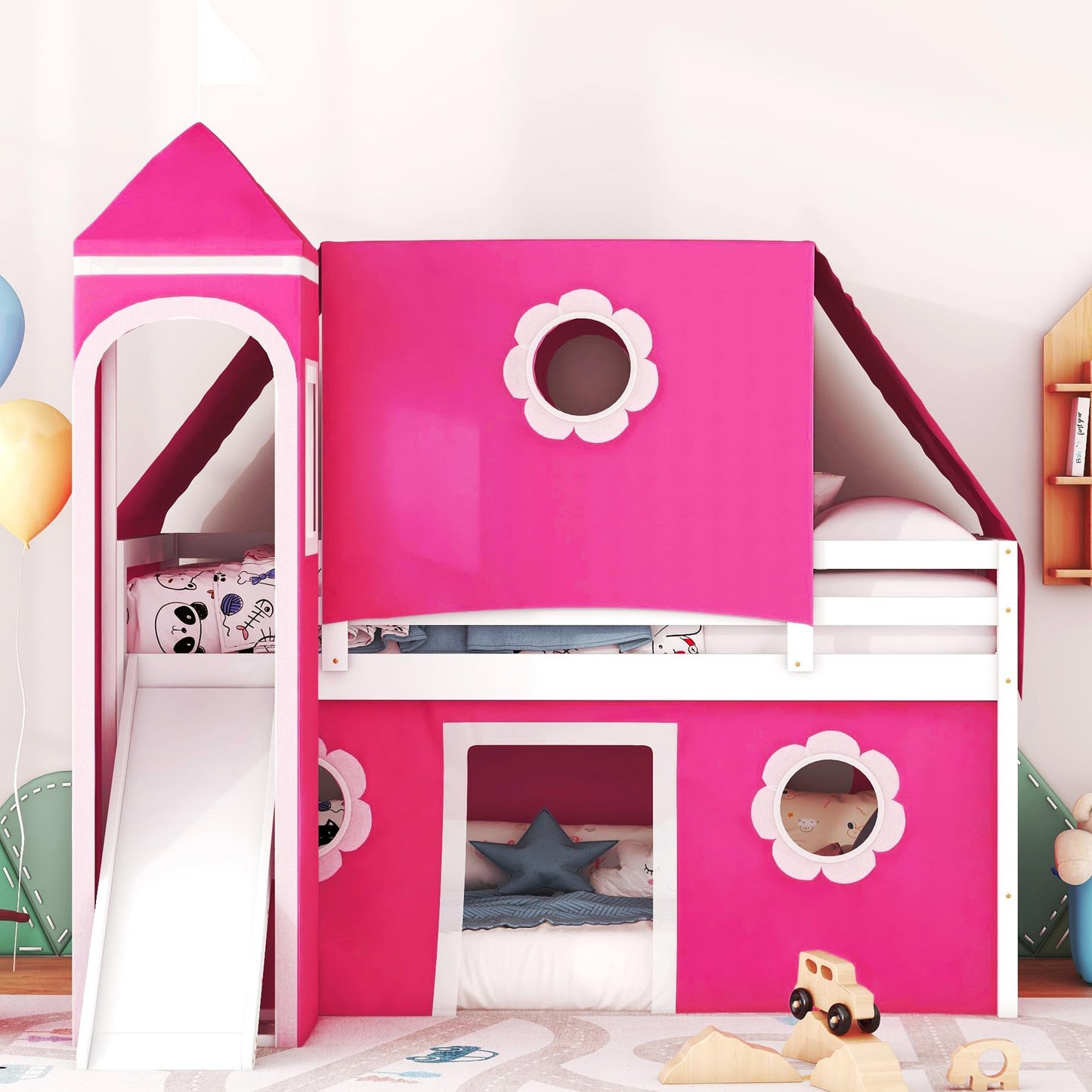 Polibi Castle Loft Bed with Slide & Tent and Tower, Playhouse Design Spacious Under Bed Space with Curtains, Wood Tent Bed Frame for Kids Boys Girls (Pink, Twin)