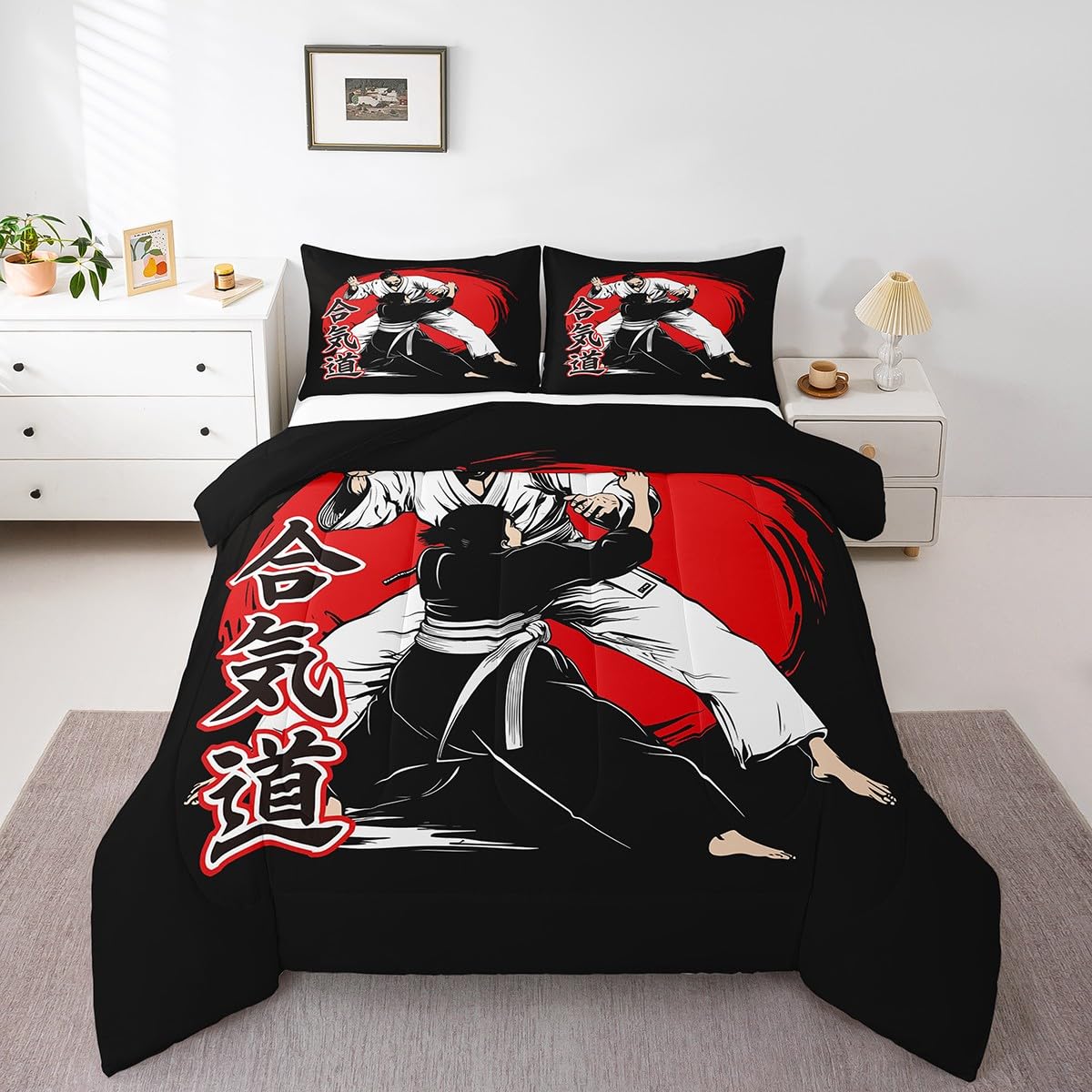 Erosebridal Japanese Comforter Set Samurai Bedding Set Karate Down Comforter for Kids Boys Japanese Culture Sunset Duvet Insert with 1 Comforter and 1 Pillow Case Twin Size Black Soft