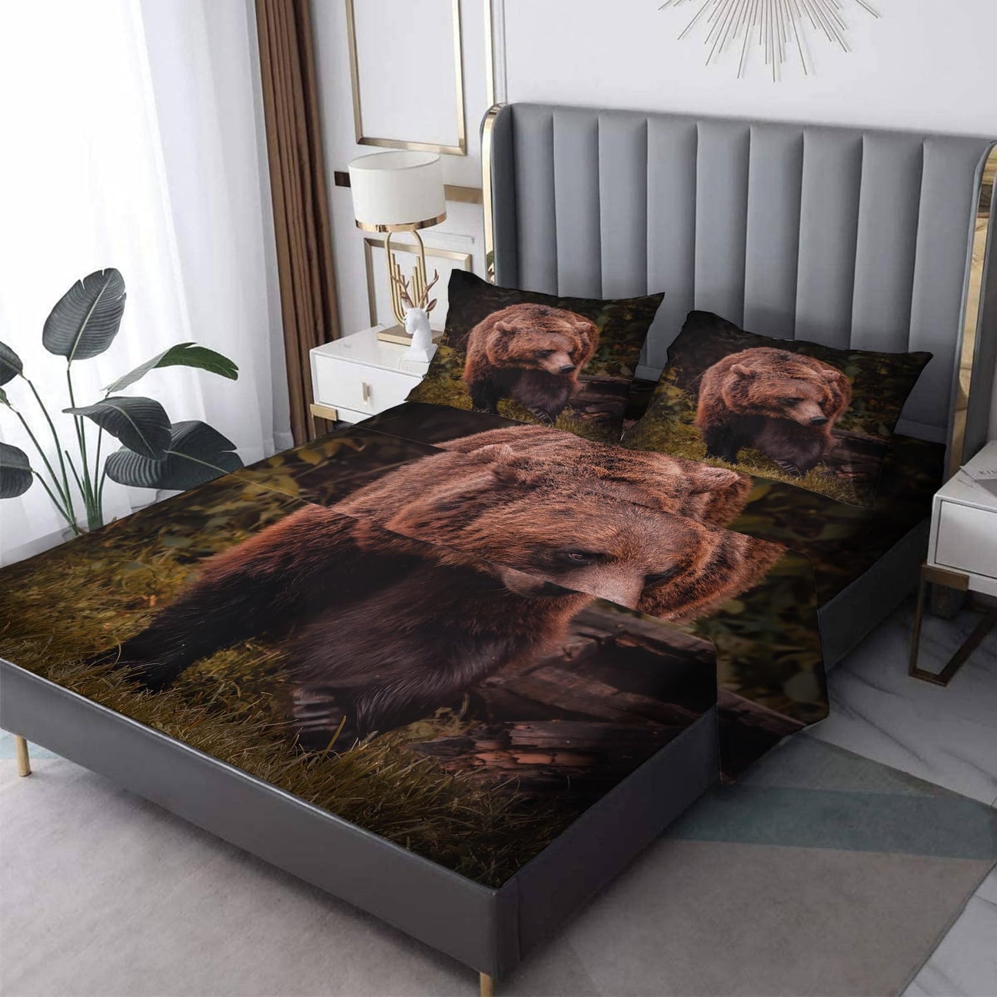 THYUNQ Brown Bear Sheets Full Size Bed, 3D Wildlife Pattern Bedding Sheets & Pillowcases - 16 Inch Deep Pocket, Super Soft Microfiber Printed Sheet Set 4 Piece