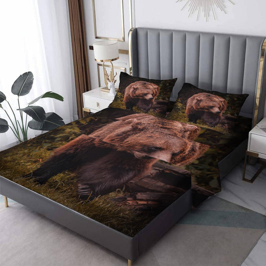 THYUNQ Brown Bear Sheets Full Size Bed, 3D Wildlife Pattern Bedding Sheets & Pillowcases - 16 Inch Deep Pocket, Super Soft Microfiber Printed Sheet Set 4 Piece