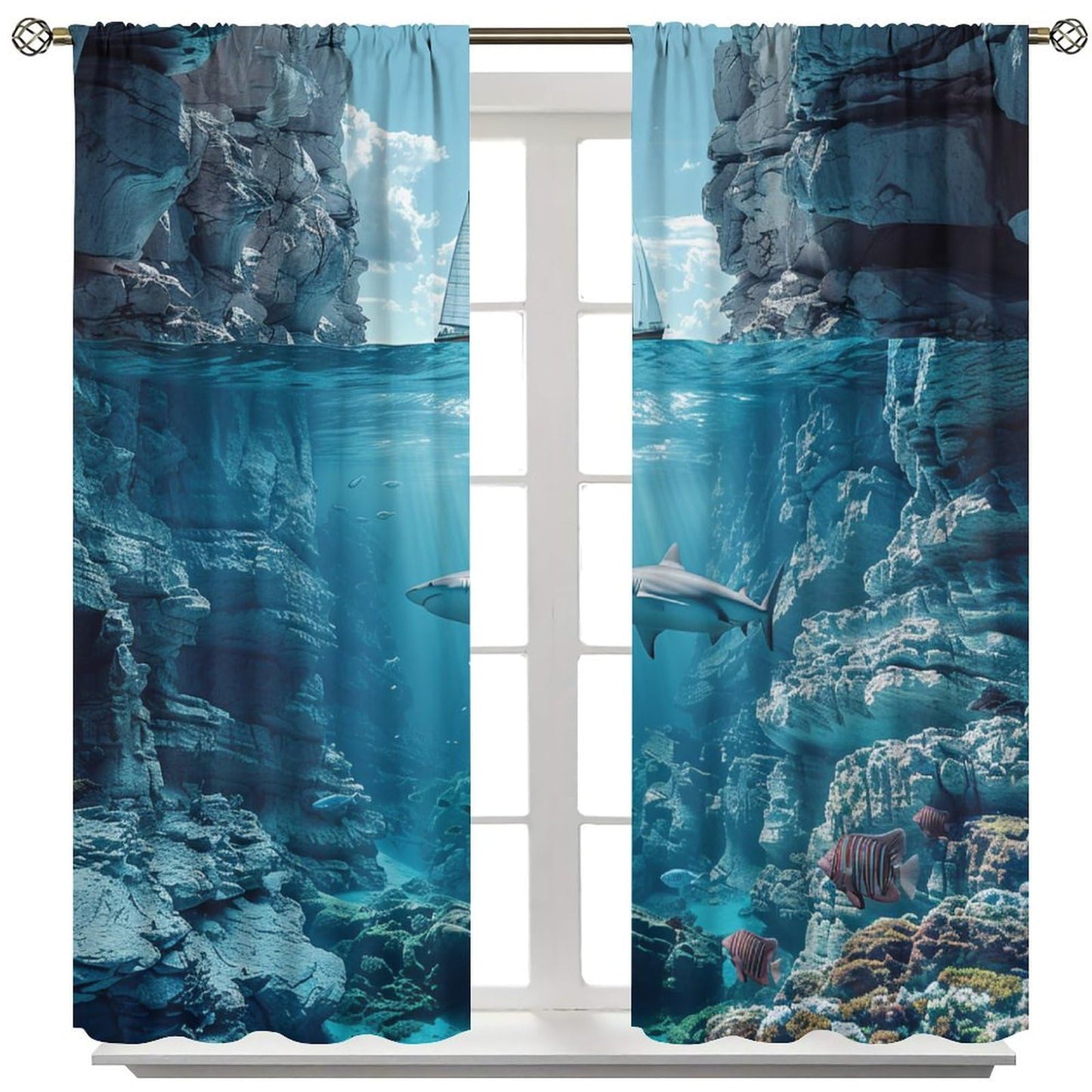 TOWINSFB Nautical Sailboat Shark Blackout Curtains for Living Room Bedroom, Ocean Rock Coral Fish Scenery Window Curtains Rod Pocket Thermal Insulated Window Drapes, 2 Panels, Each 21W x 63L