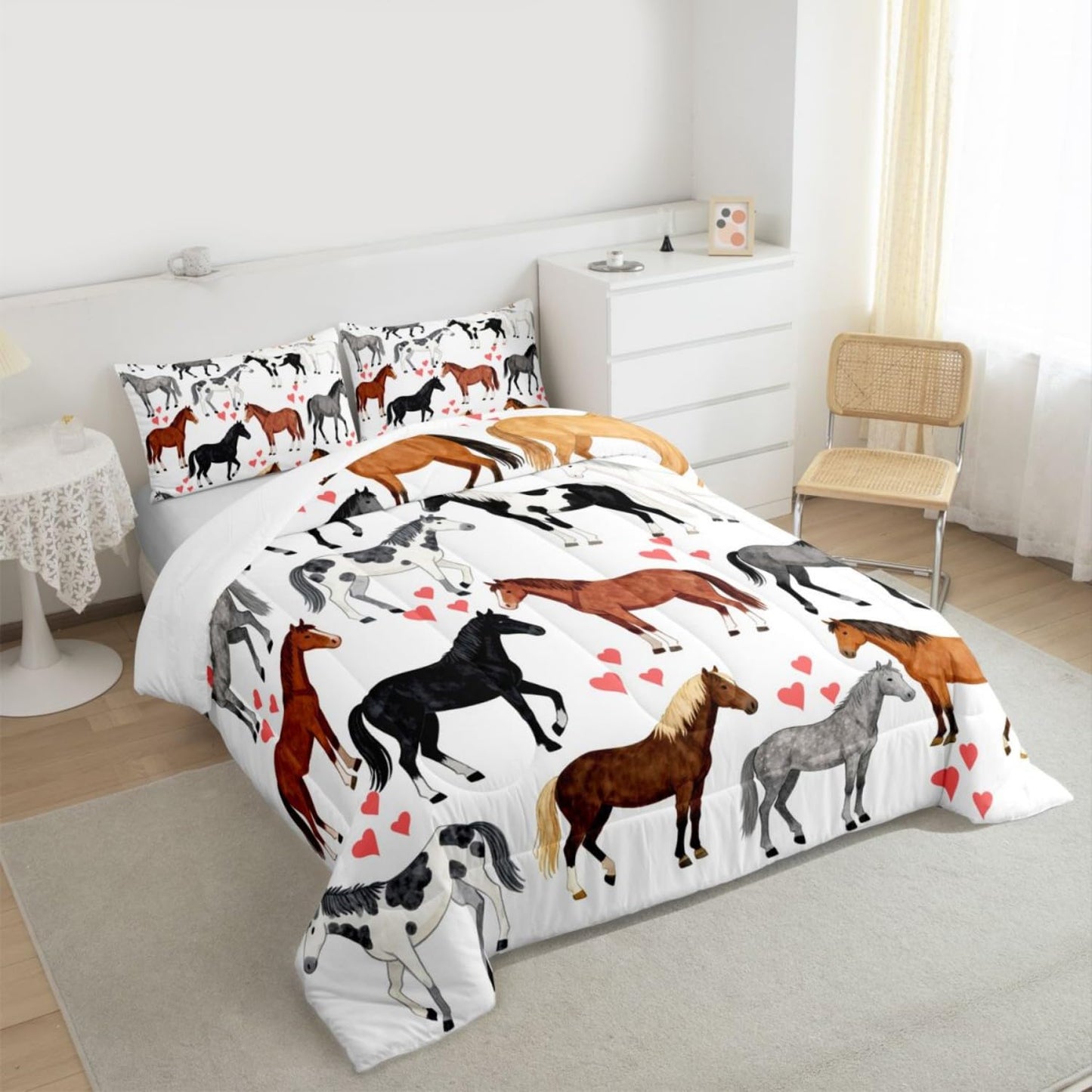 Erosebridal Kawaii Comforter Horse Comforter Set Queen Farm Bedding Set Kids Boys Girls Cute Animal Duvet Set Cartoon Horses with Pink Lover Heart Room Decor Duvet Set Cowboy Cowgirls Comforter Set