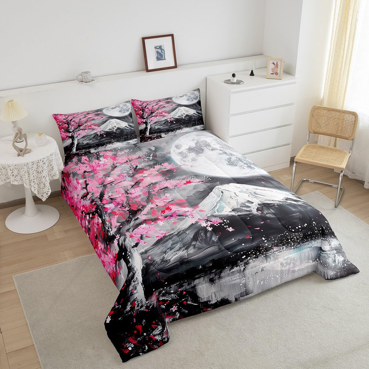 Castle Fairy Japanese Ukiyoe Comforter Set Twin Size,Fuji Mountain Scenery Quilt Set for Kids Girls Boys Home Room Decor Pink Cherry Blossoms Tree Bedding Set Retro Oil Painting Art Duvet Insert 2pcs
