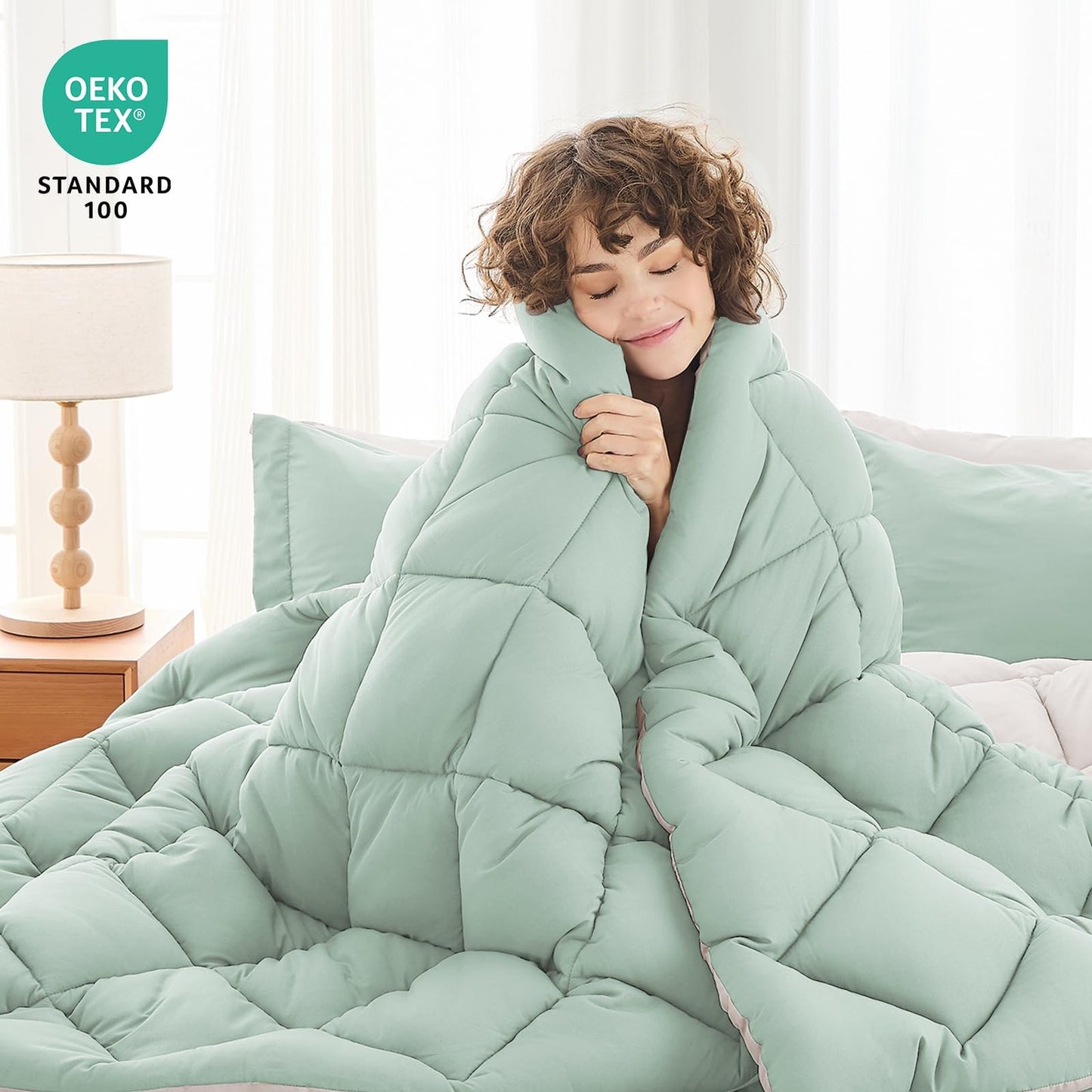 MUXHOMO 7 Pieces California King Comforter Set, Reversible Bed in a Bag Cal King Size, All Season Bedding Set with Comforter, Flat Sheet, Fitted Sheet, Pillowcases & Shams, Sage Green & Beige