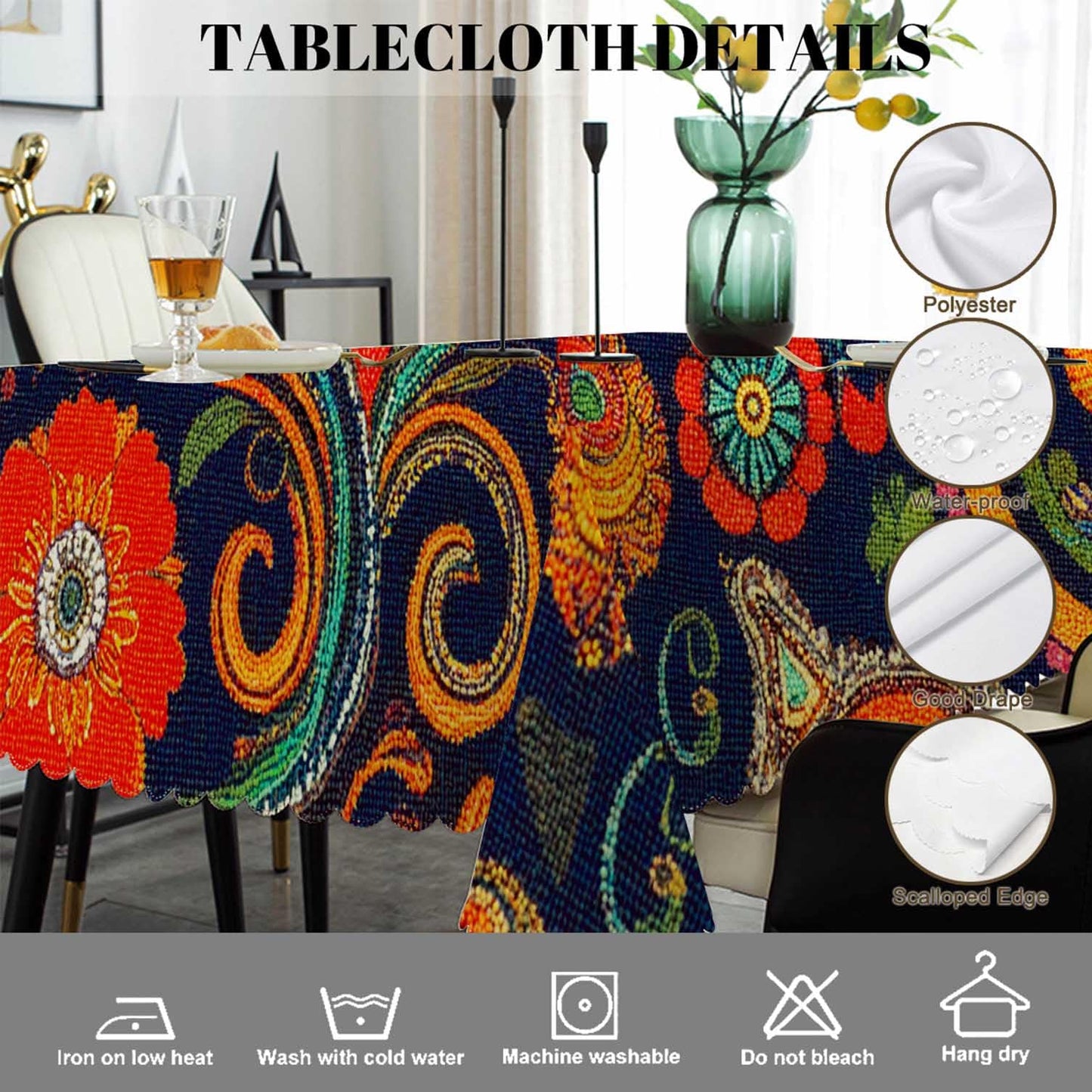 Swono Paisley Floral Rectangular Tablecloth Retro Colorful Indian Style Boho Ethnic Flowers Washable Table Cloth Kitchen Dining Room Table Cover for Party Dinner 50x72 Inch Tablecloths