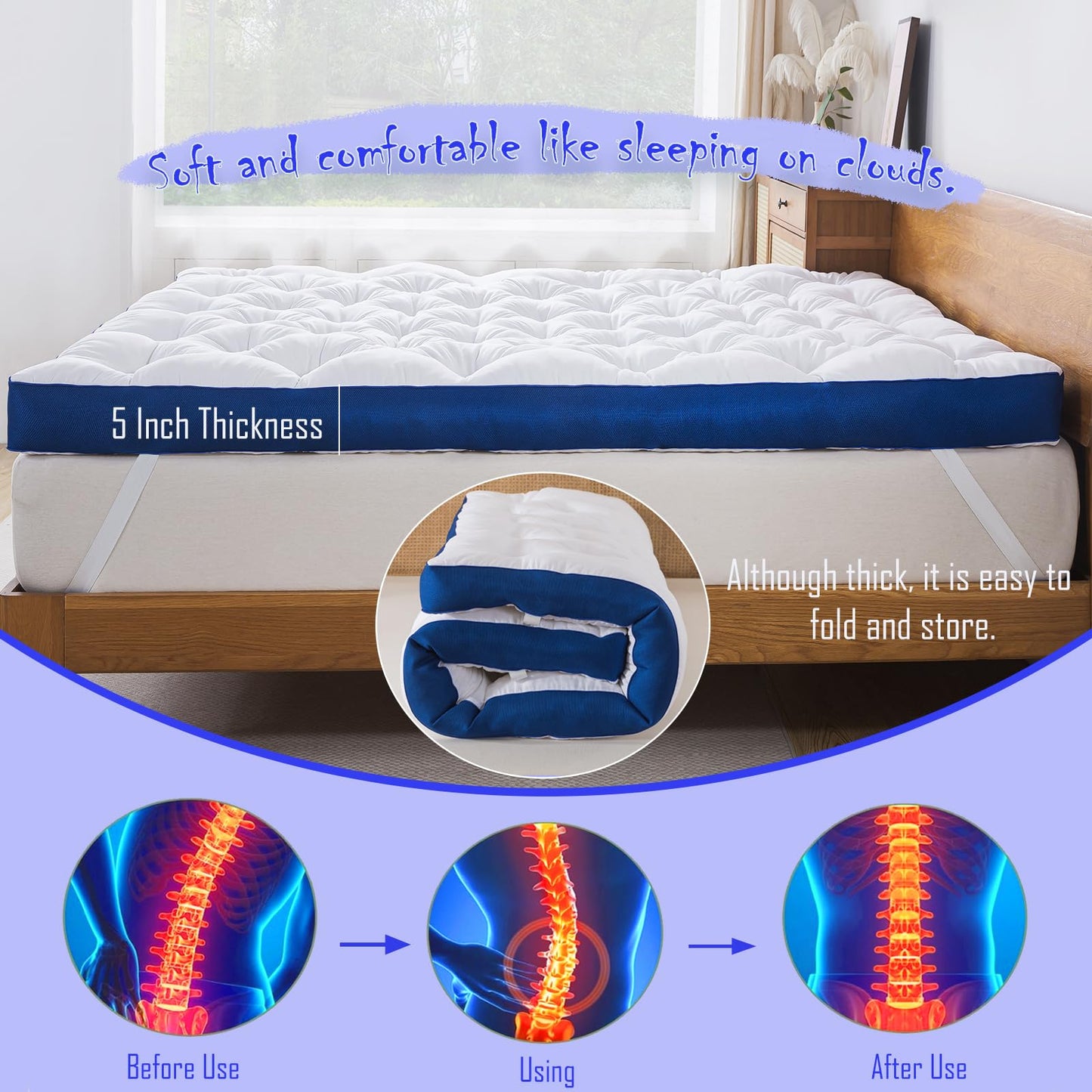 WhatsBedding 5 Inch Memory Foam Mattress Topper Queen for Back Pain, Filled with Flfuffy Soft Breathable Stuffing, Thick Supportive Pillow Top Queen Mattress Topper