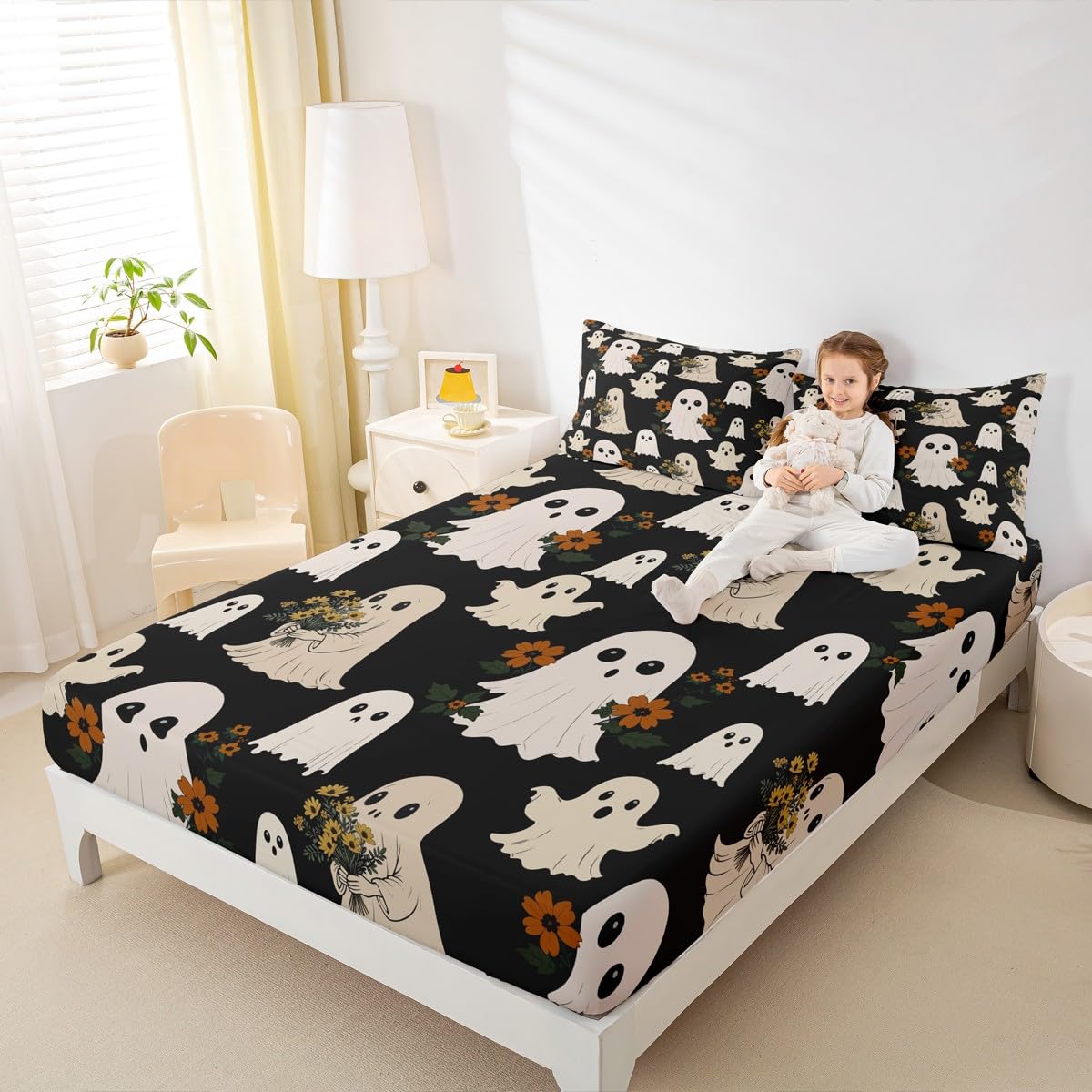 Cute Ghost Fitted Sheet Queen Size,Cartoon Halloween Ghost Bedding Sets 3Pcs for Kids Girls Boys Adult Room Decor,Hippie Daisy Flower Bed Sheet Funny Black Deep Pocket Sheet,2 Pillowcases