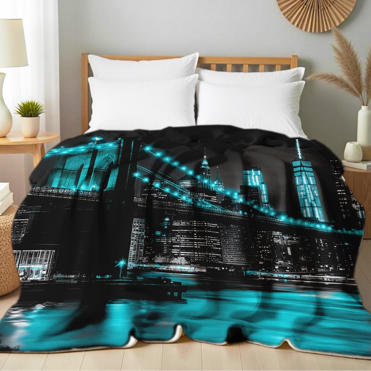 HUNXIAOJ New York City Building Blanket for Bed Couch Cityscape Blanket Throw Black White Teal Decor Flannel Prints Bedding Home Decor (49"x59")