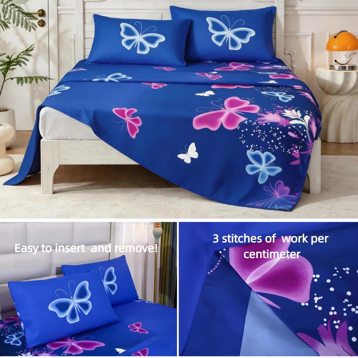 SDY 4 Pieces Butterfly Bedding Sheets Set Full Size Blue Vivid Butterflies Pattern Sheet Set with 1 Deep Pocket Fitted Sheet + 1 Top Flat Sheet + 2 Pillowcases for Kids Teens Adults (Butterfly,Full)