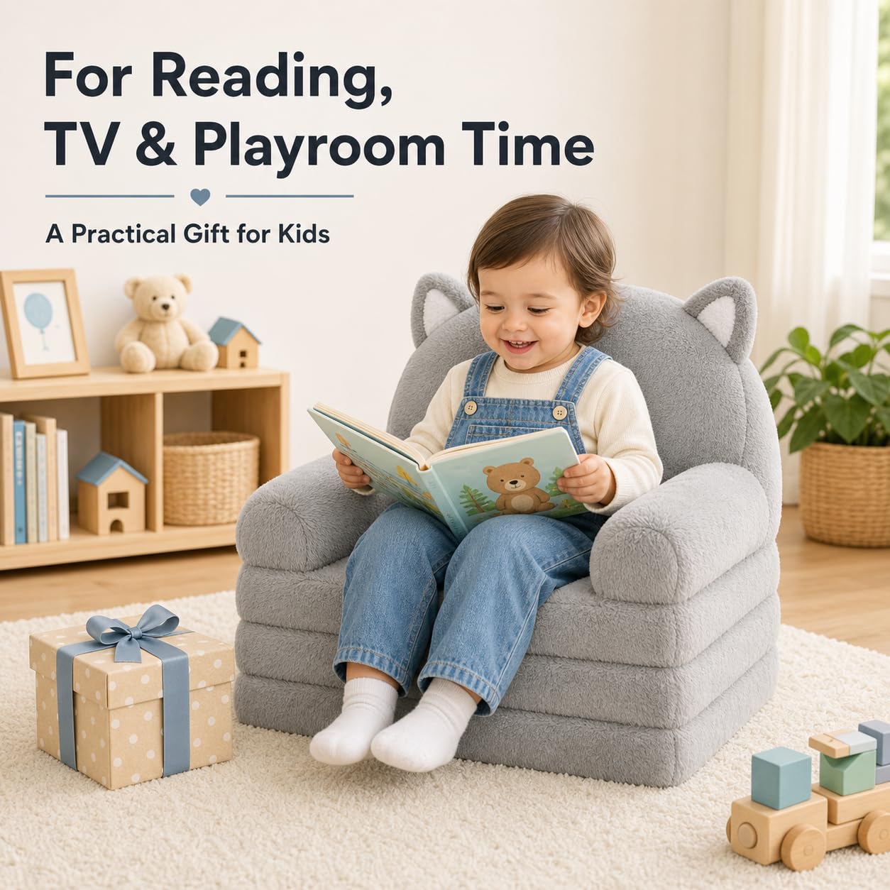 MONKISS Kids Couch, Comfy Toddler Chair, 2 in 1 Fold Out Kids Sofa, Baby Sitting Chair with Washable Cover, Toddler Furniture for Reading, TV and Playroom, Birthday Gifts, 1-4 Years Old, Grey Cat