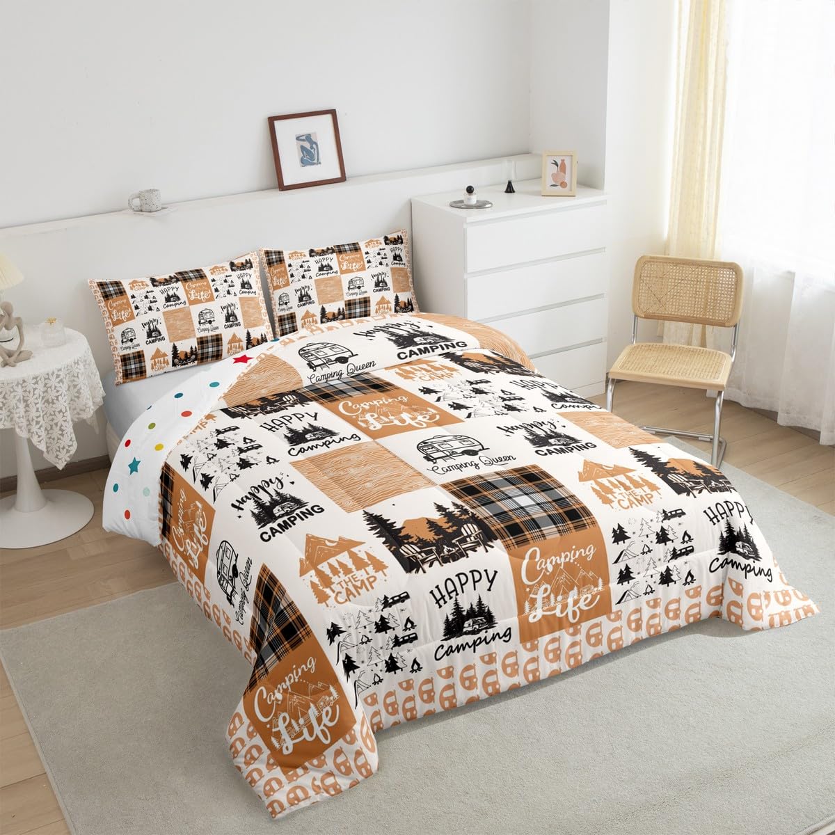Erosebridal Happy Camping Bedding Set for Kids Kawaii Camper Comforter Set, Camping Adventure Duvet Insert Orange White Patchwork Quilt Comforter, Cartoon RV Car Bedding Comforters & Sets Breathable