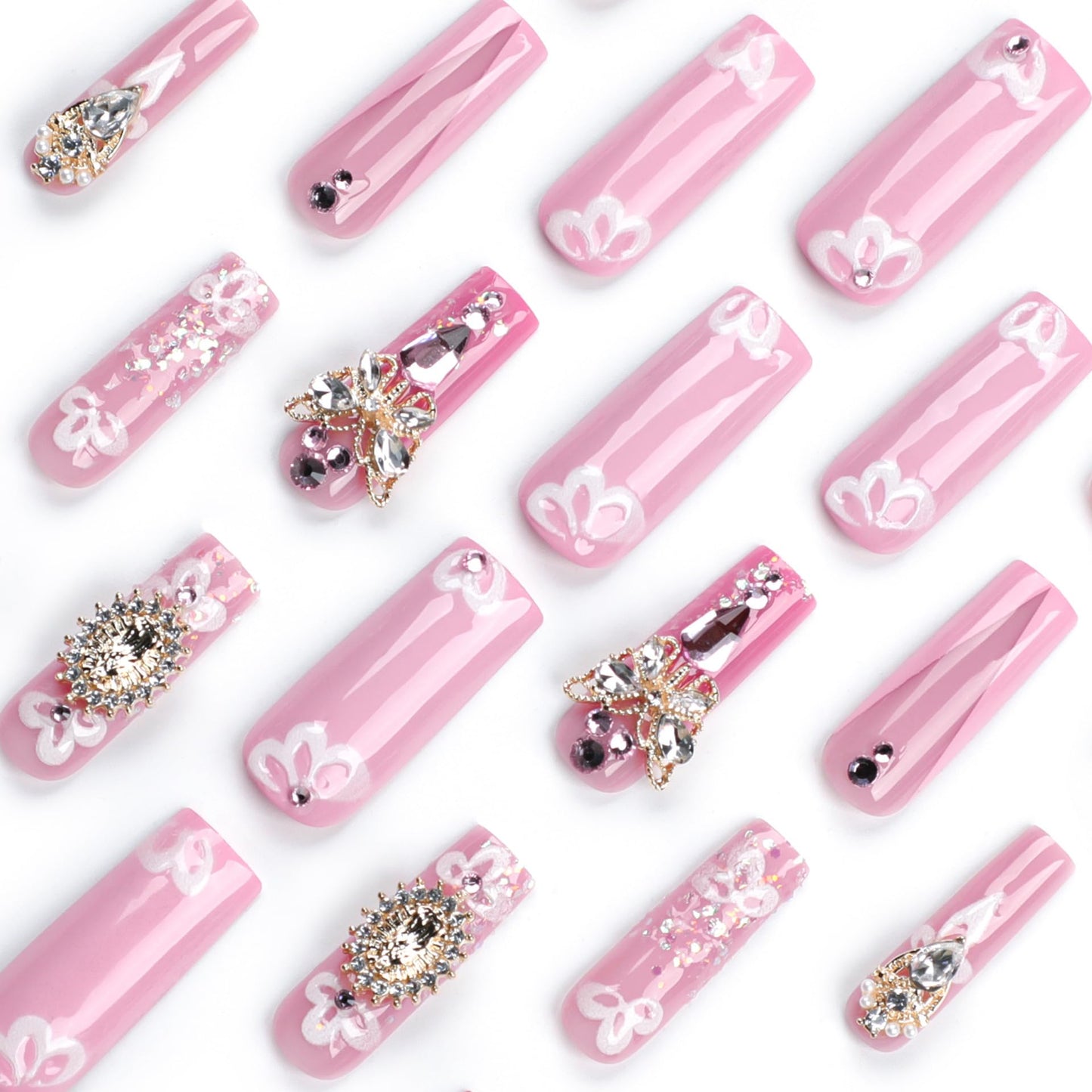Long Press Pink False Nails with Rhinestones Design: Glue on, French Acrylic, Butterfly Flower Full Cover Stick on Nails - 24Pcs